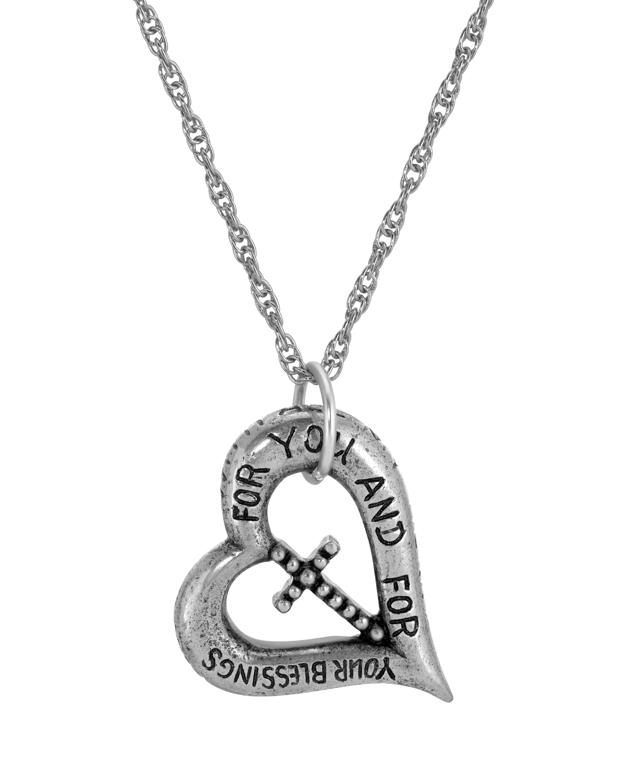 Symbols Of Faith Heartfelt Blessings Etched Heart & Cross Pendant Necklace 18"