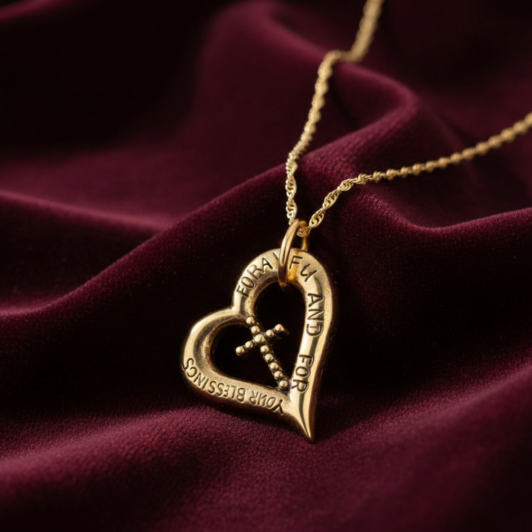 Gold heart-shaped pendant necklace on a burgundy fabric background