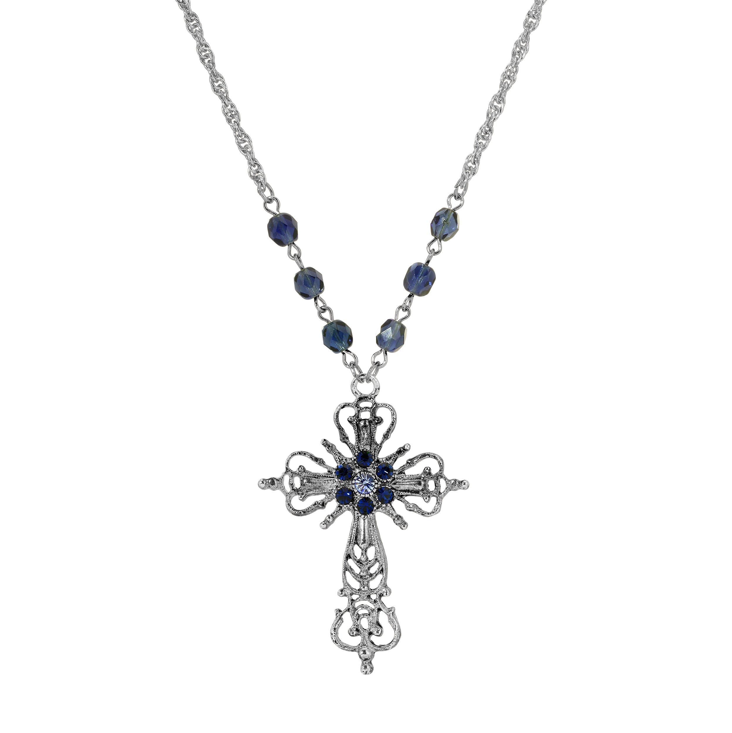 Symbols Of Faith Sapphire Blue & Montana Blue Crystal Filigree Cross Pendant Necklace 20"