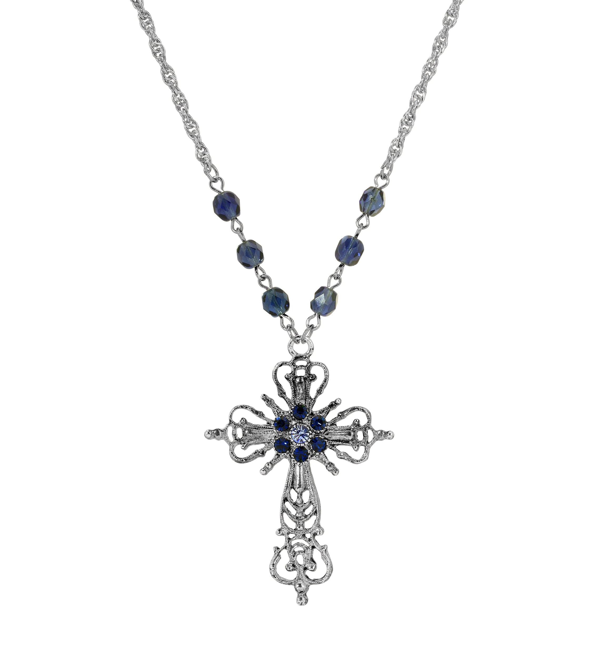 Symbols Of Faith Sapphire Blue & Montana Blue Crystal Filigree Cross Pendant Necklace 20"