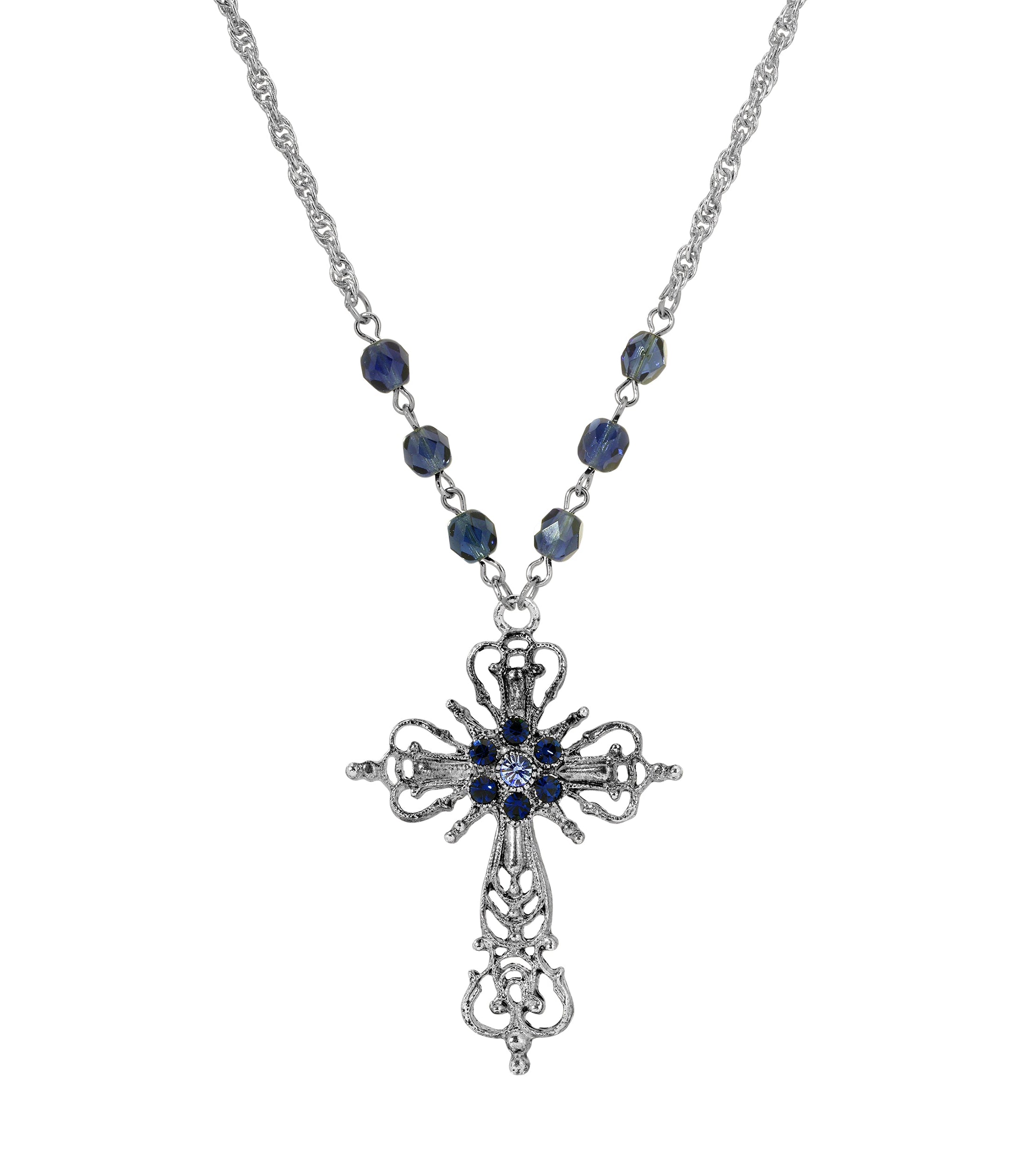 Symbols Of Faith Sapphire Blue & Montana Blue Crystal Filigree Cross Pendant Necklace 20"