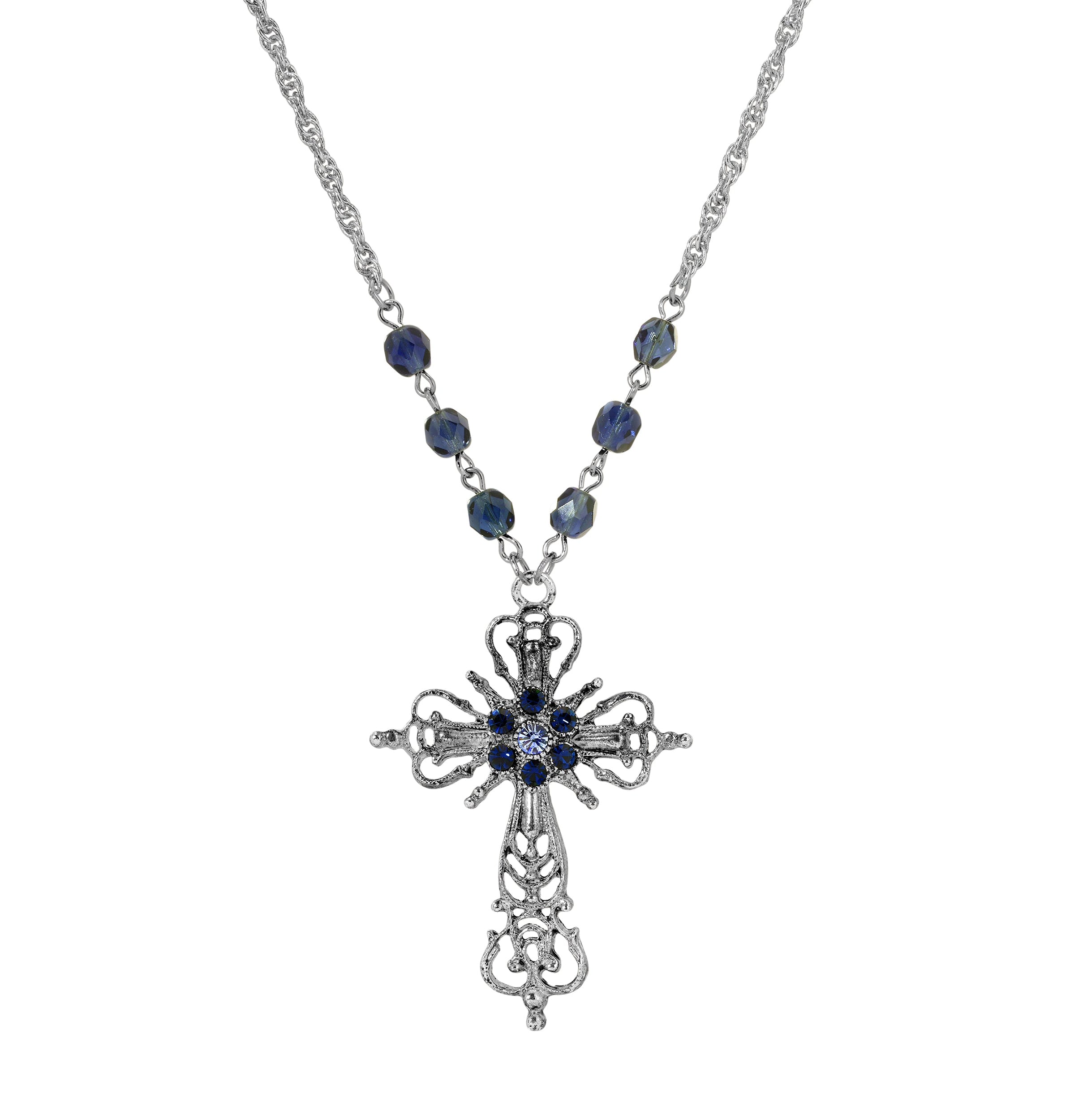 Symbols Of Faith Sapphire Blue & Montana Blue Crystal Filigree Cross Pendant Necklace 20"