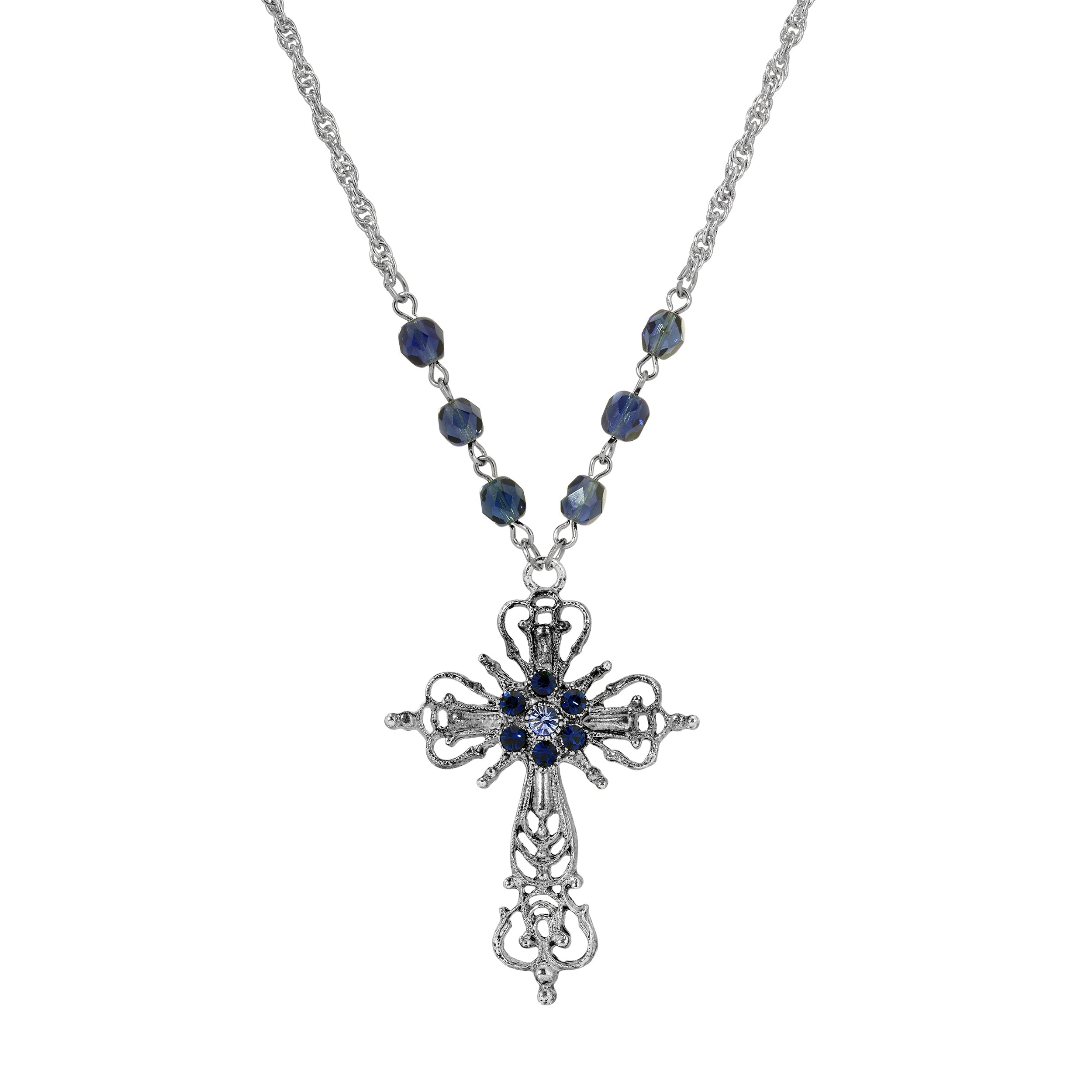 Symbols Of Faith Sapphire Blue & Montana Blue Crystal Filigree Cross Pendant Necklace 20"