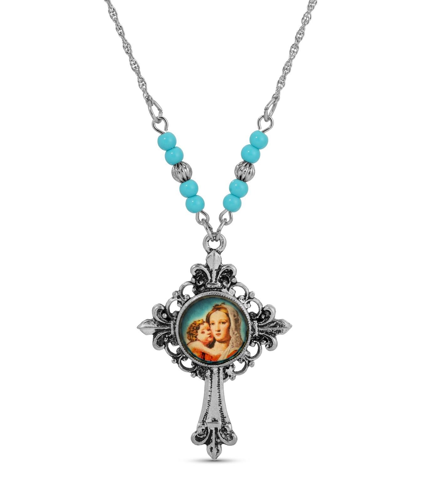 Symbols Of Faith Mother And Child Fleur De Lis Cross Pendant Necklace 18"
