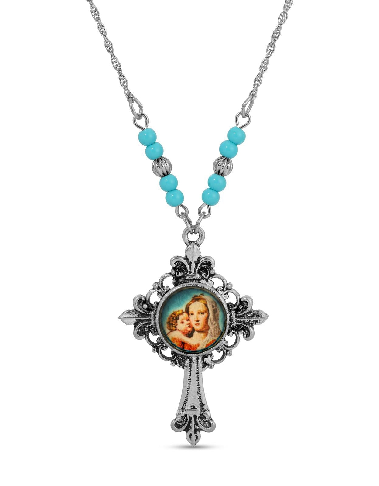 Symbols Of Faith Mother And Child Fleur De Lis Cross Pendant Necklace 18"