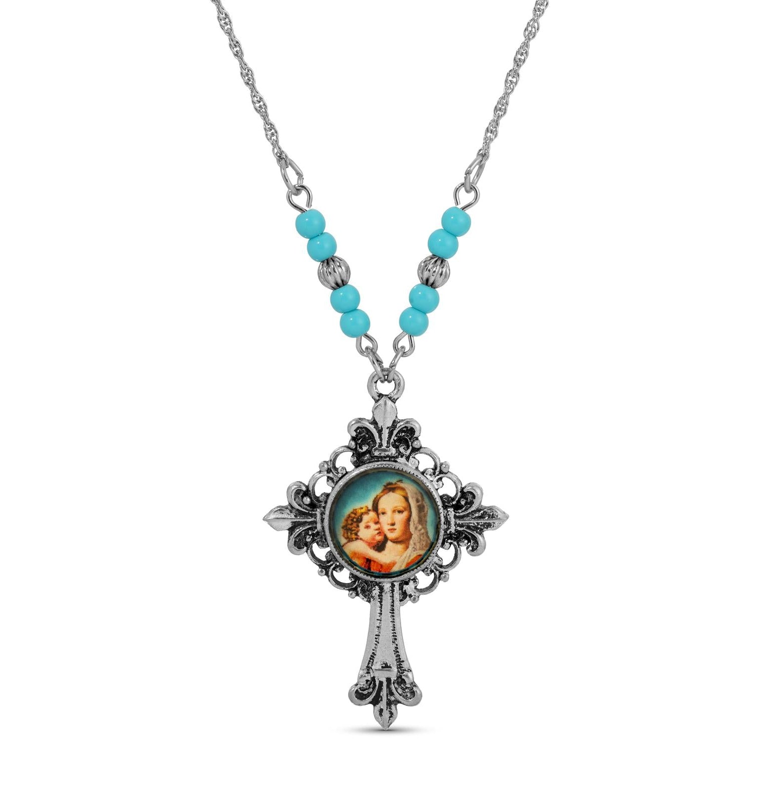 Symbols Of Faith Mother And Child Fleur De Lis Cross Pendant Necklace 18"