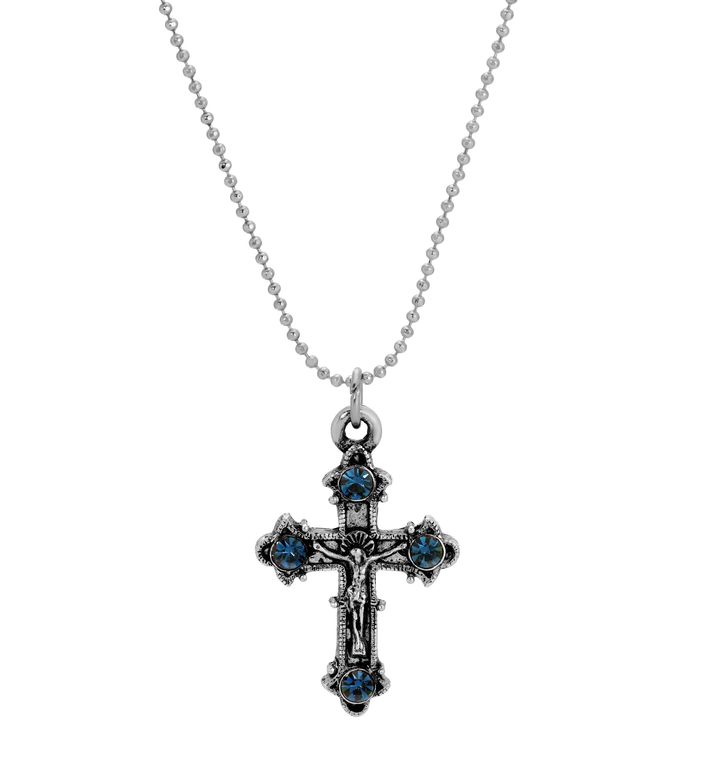 Symbols Of Faith Blue Montana Crystal Crucifix Pendant Necklace 16"