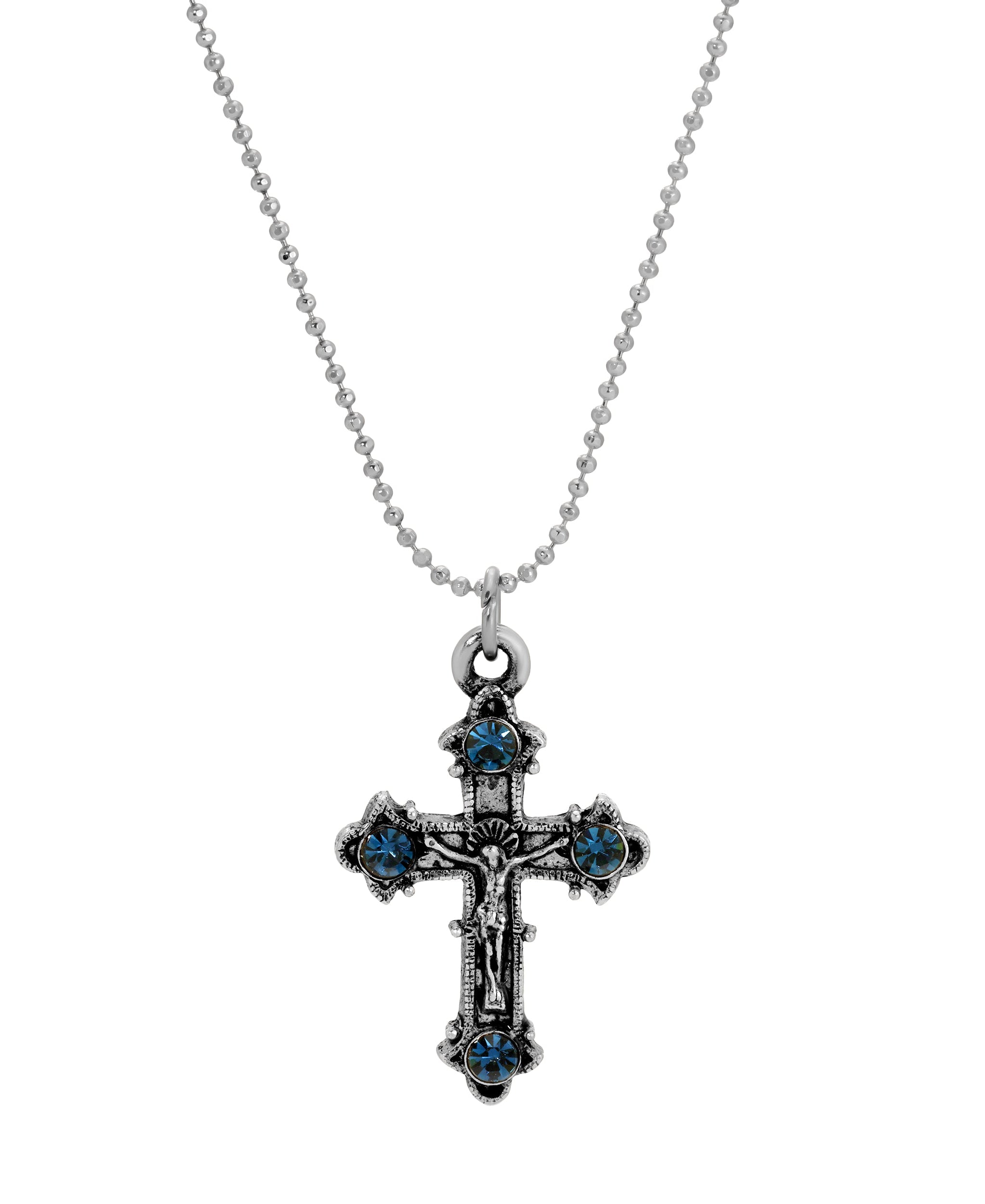 Symbols Of Faith Blue Montana Crystal Crucifix Pendant Necklace 16"