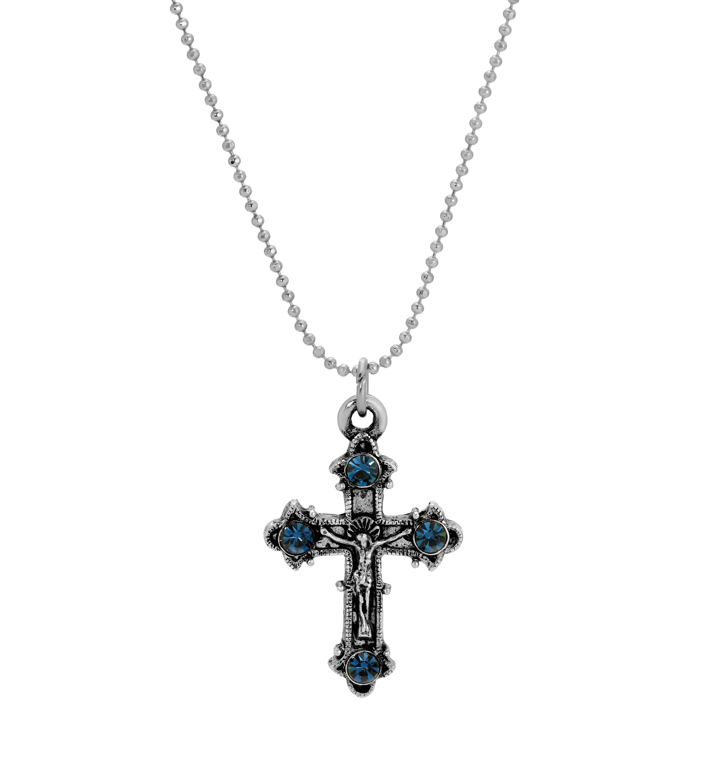 Symbols Of Faith Blue Montana Crystal Crucifix Pendant Necklace 16"