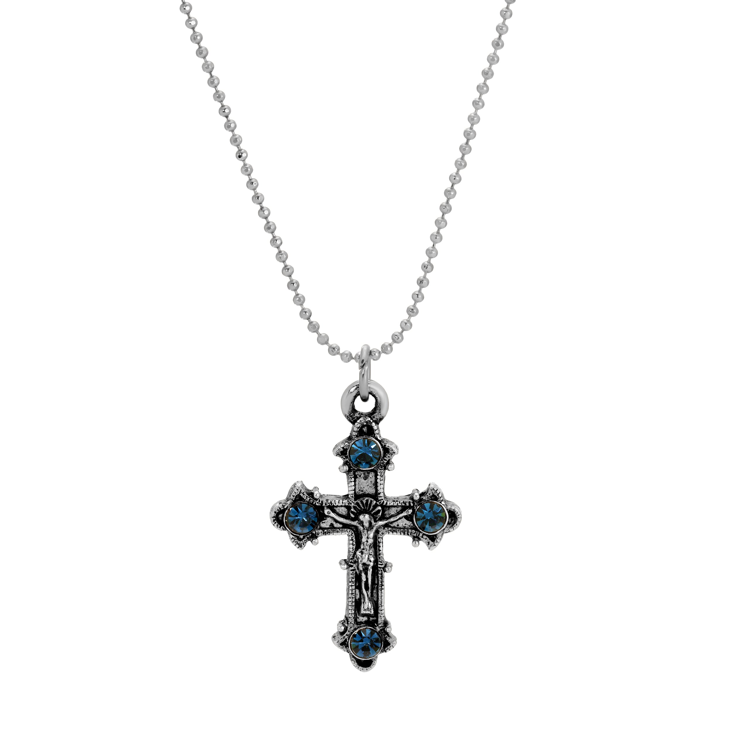 Symbols Of Faith Blue Montana Crystal Crucifix Pendant Necklace 16"