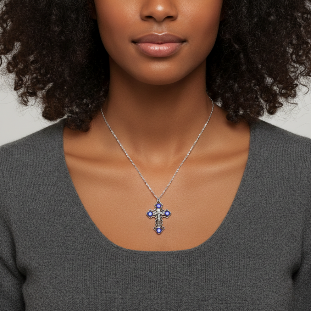 Woman wearing a silver necklace with a cross pendant