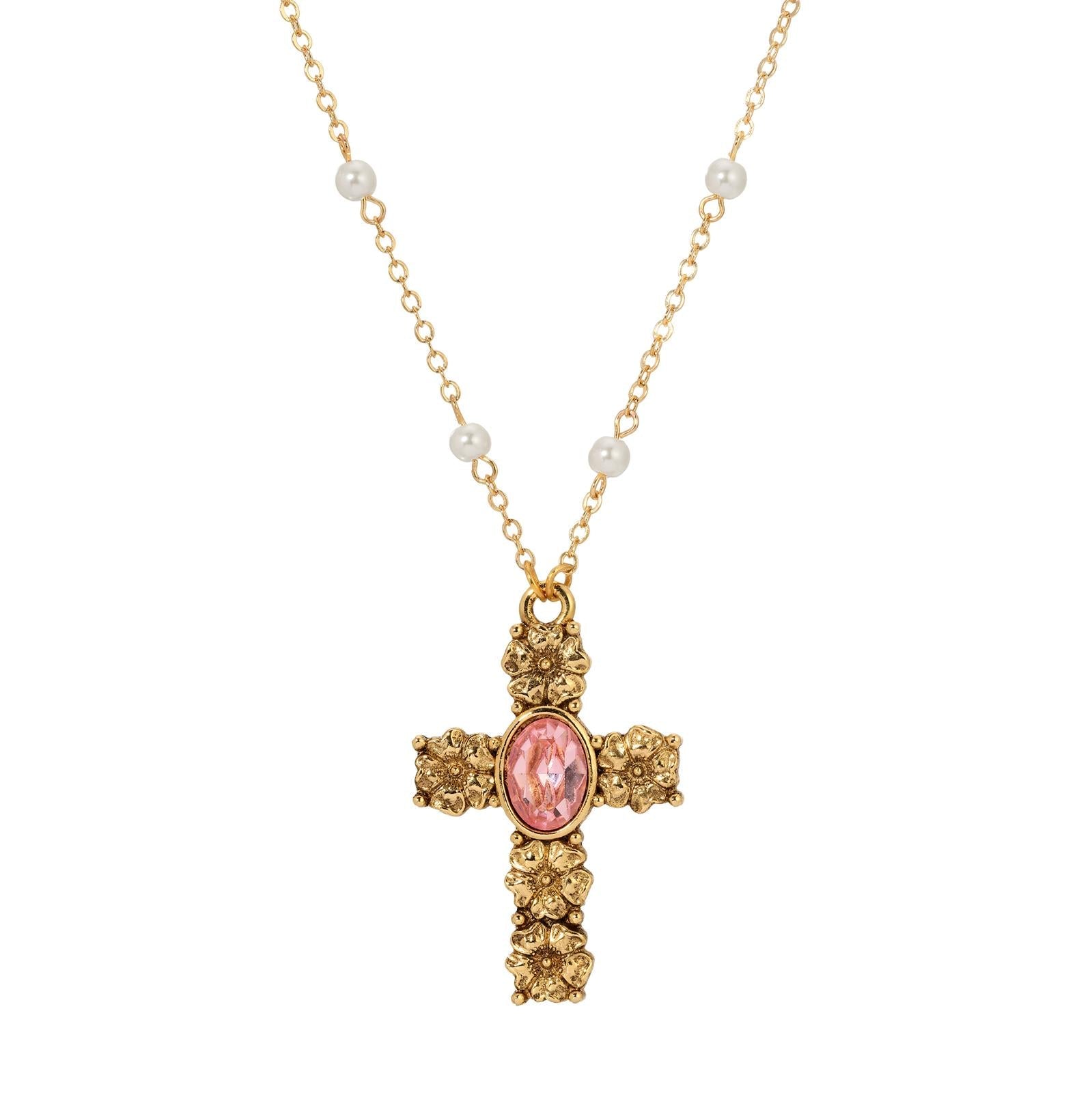 Symbols Of Faith Rose Pink Crystal Floral Cross Pendant Necklace 28"