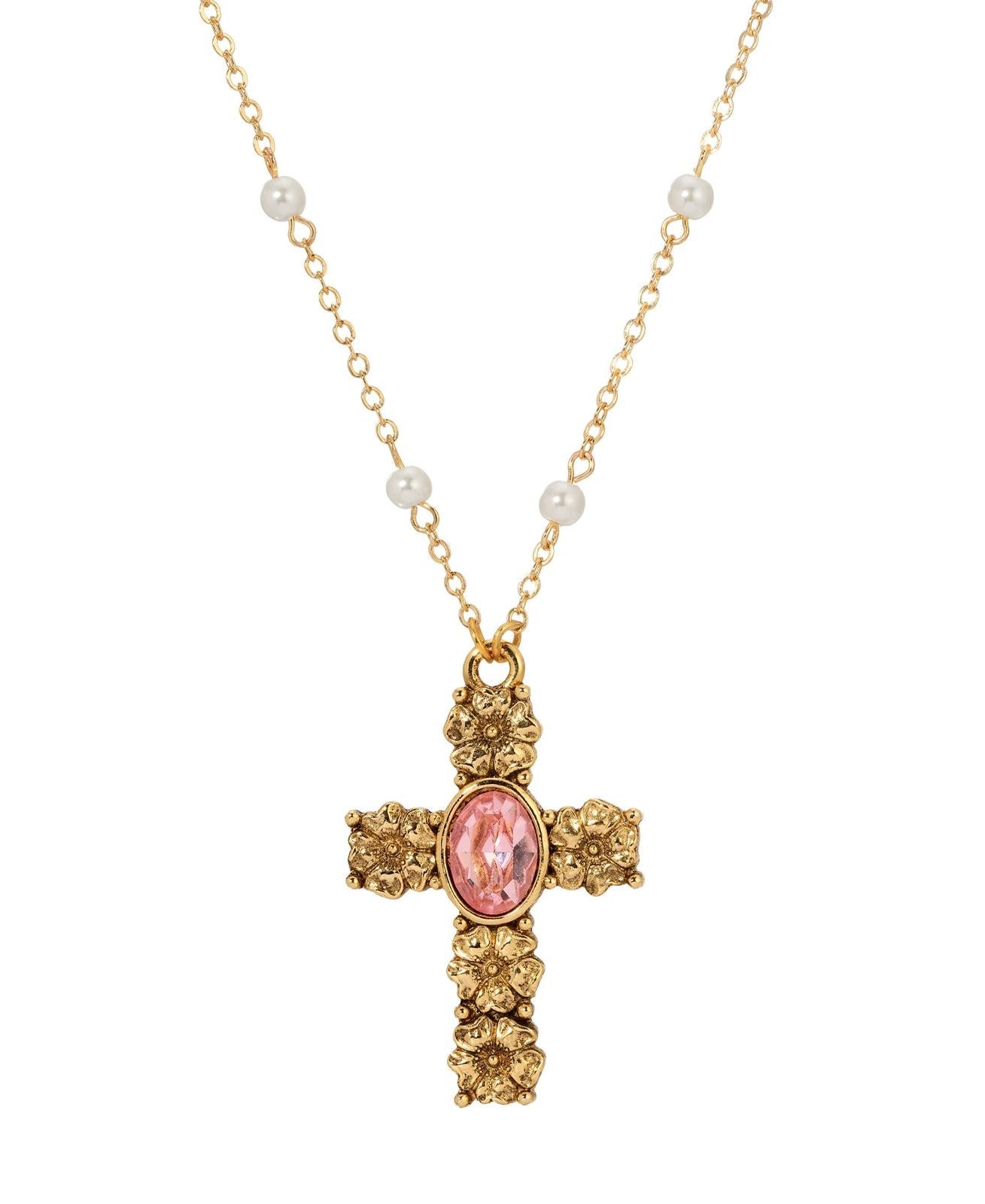 Symbols Of Faith Rose Pink Crystal Floral Cross Pendant Necklace 28"