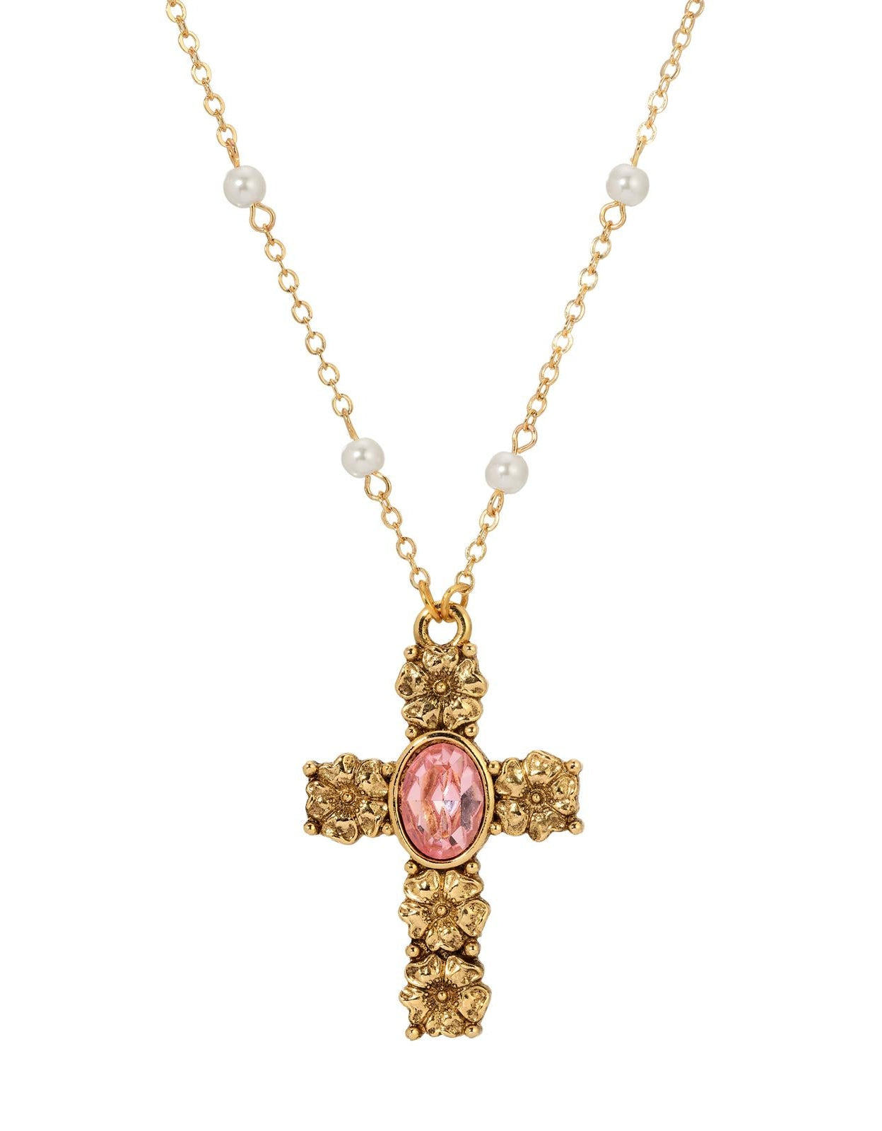 Symbols Of Faith Rose Pink Crystal Floral Cross Pendant Necklace 28"
