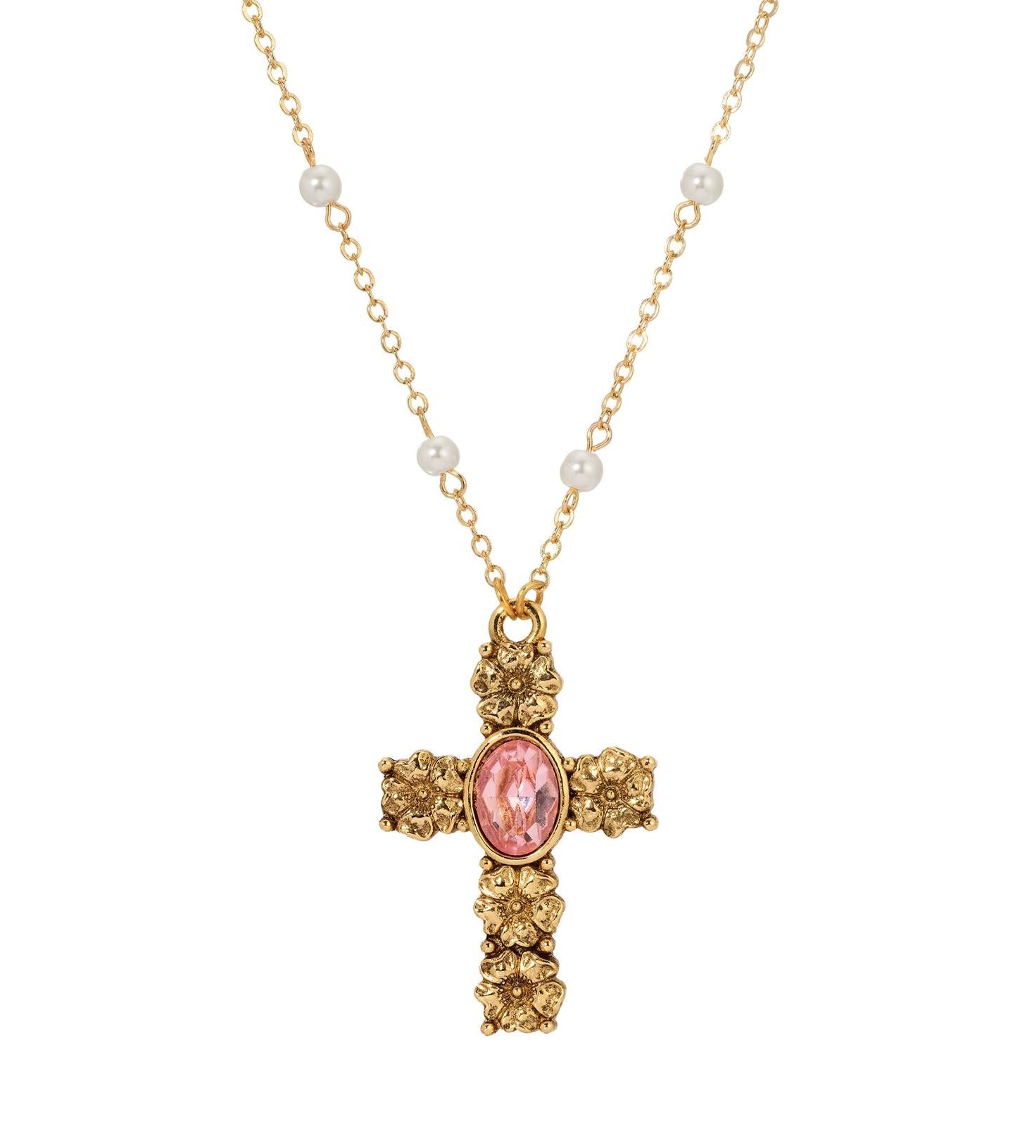 Symbols Of Faith Rose Pink Crystal Floral Cross Pendant Necklace 28"