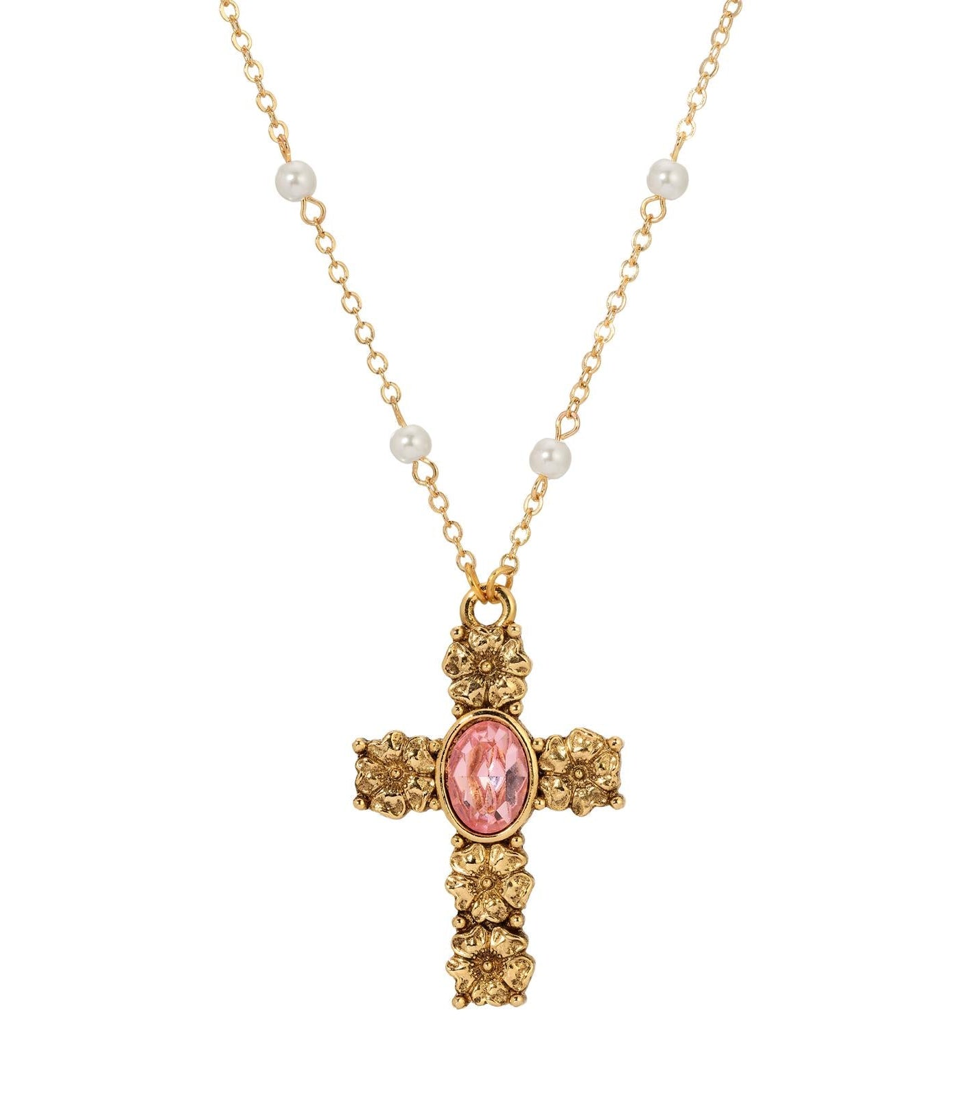 Symbols Of Faith Rose Pink Crystal Floral Cross Pendant Necklace 28"