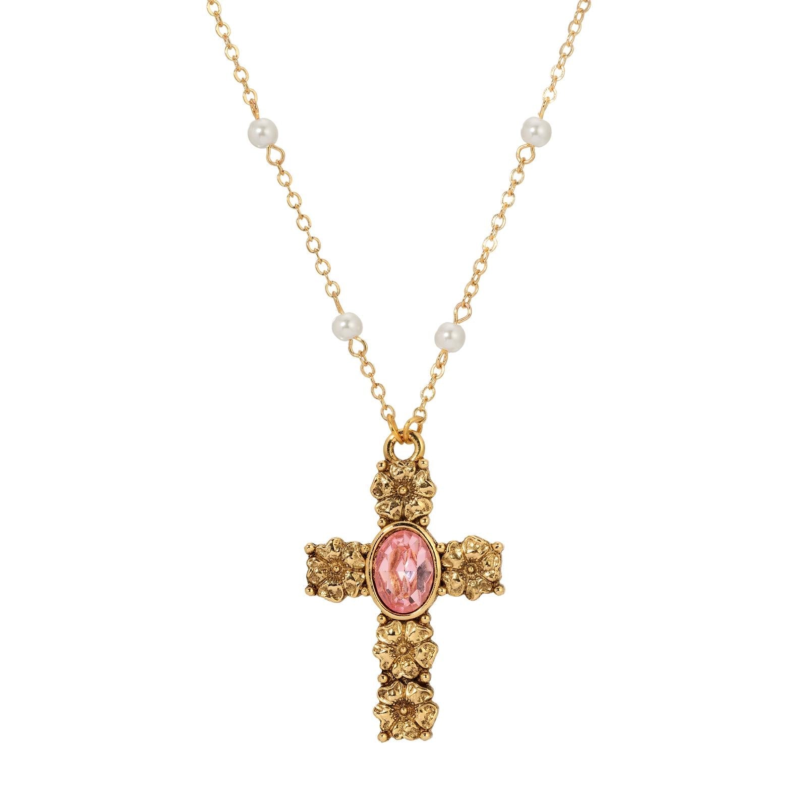 Symbols Of Faith Rose Pink Crystal Floral Cross Pendant Necklace 28"