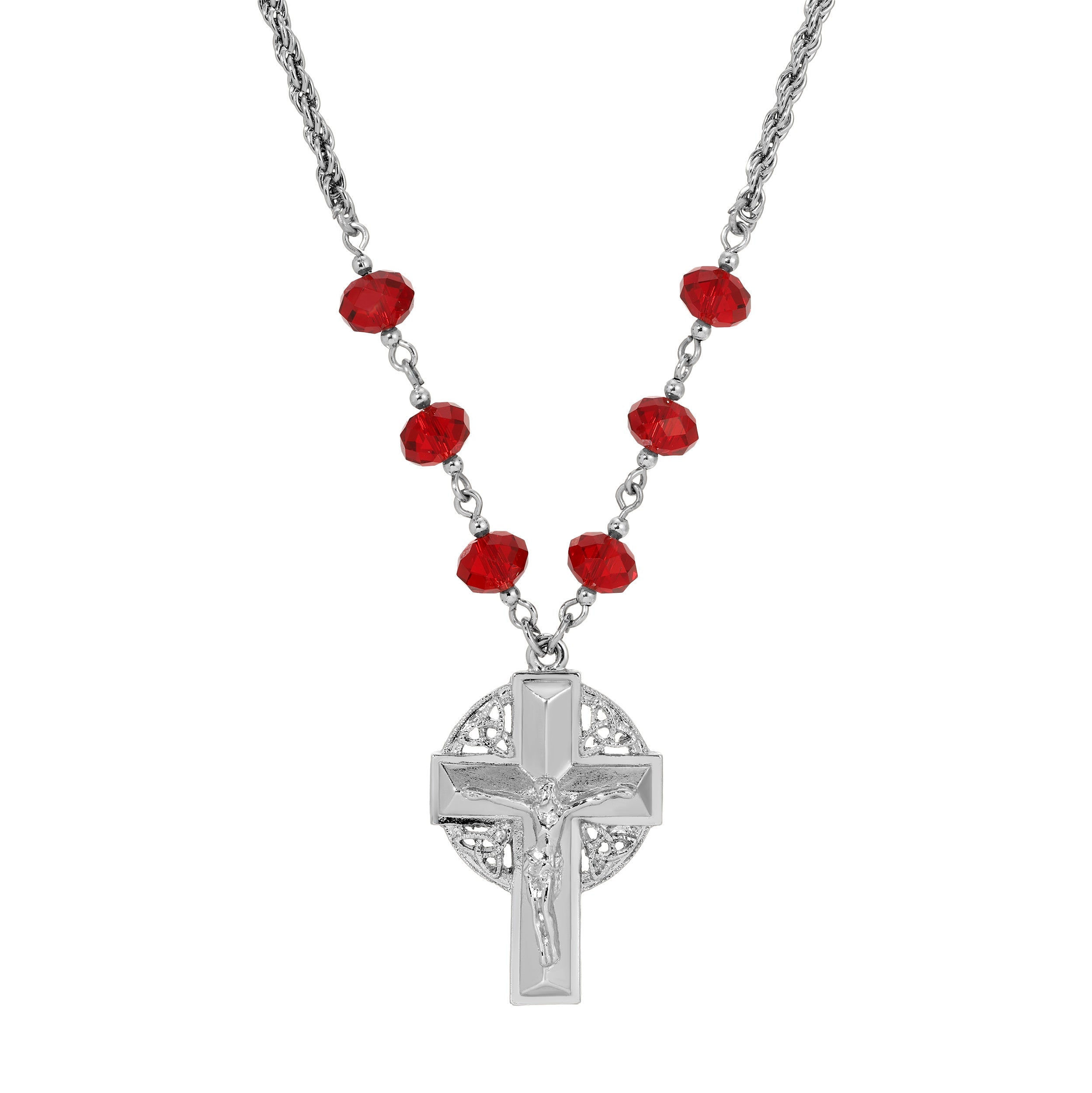 Symbols Of Faith Triquetra Crucifix Pendant Siam Red Beaded Chain Necklace 16" + 3" Extension