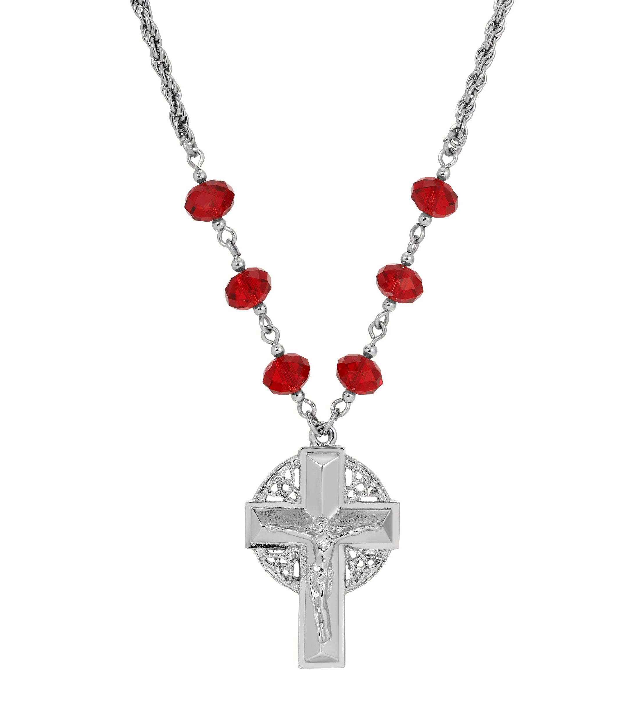 Symbols Of Faith Triquetra Crucifix Pendant Siam Red Beaded Chain Necklace 16" + 3" Extension