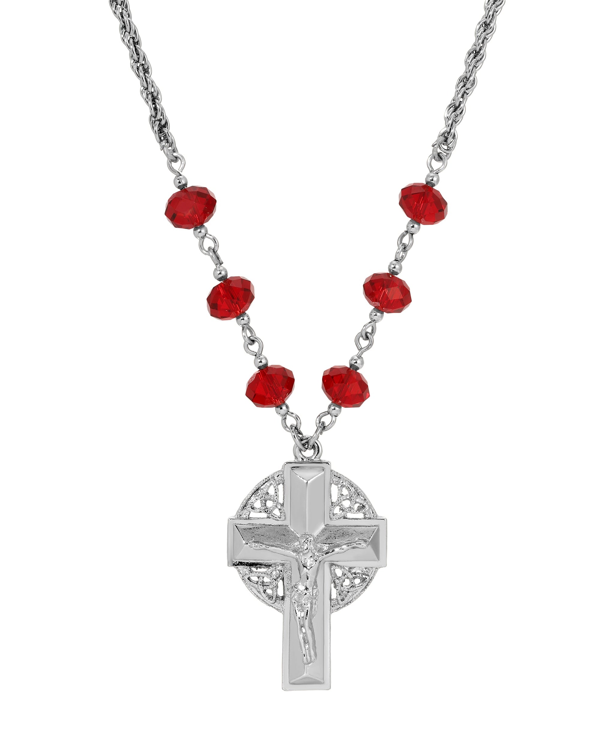 Symbols Of Faith Triquetra Crucifix Pendant Siam Red Beaded Chain Necklace 16" + 3" Extension