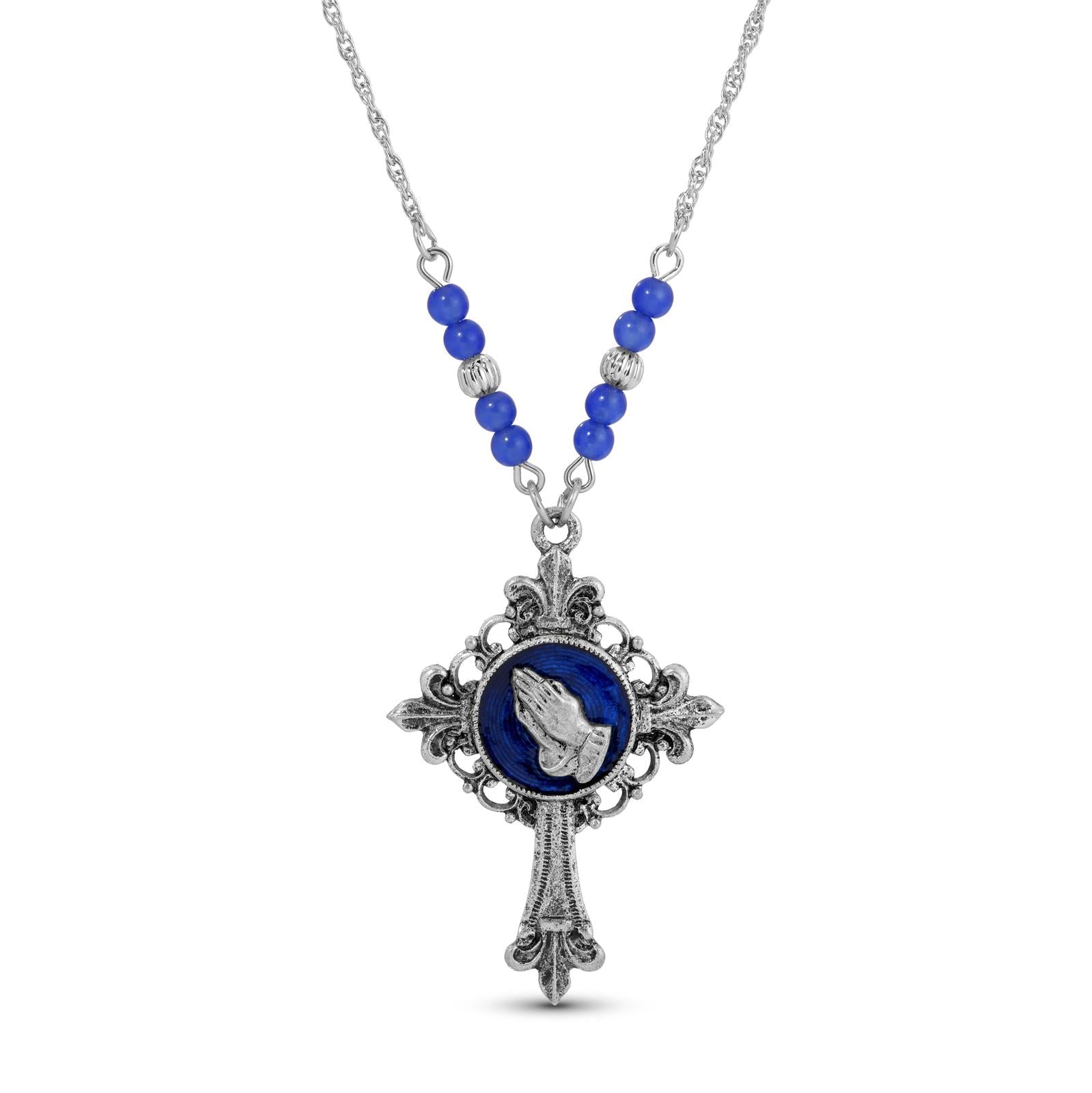Symbols Of Faith Praying Hands Fleur De Lis Cross Pendant Necklace 18"