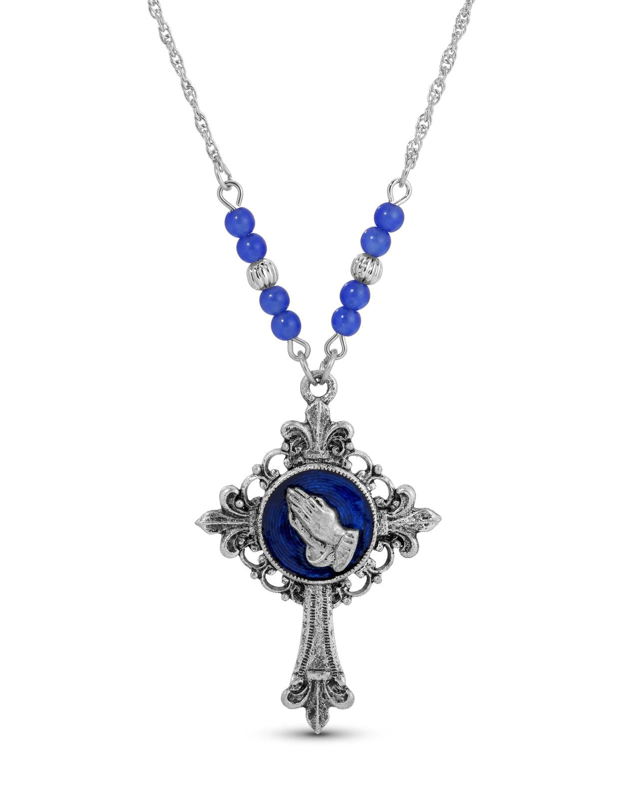 Symbols Of Faith Praying Hands Fleur De Lis Cross Pendant Necklace 18"