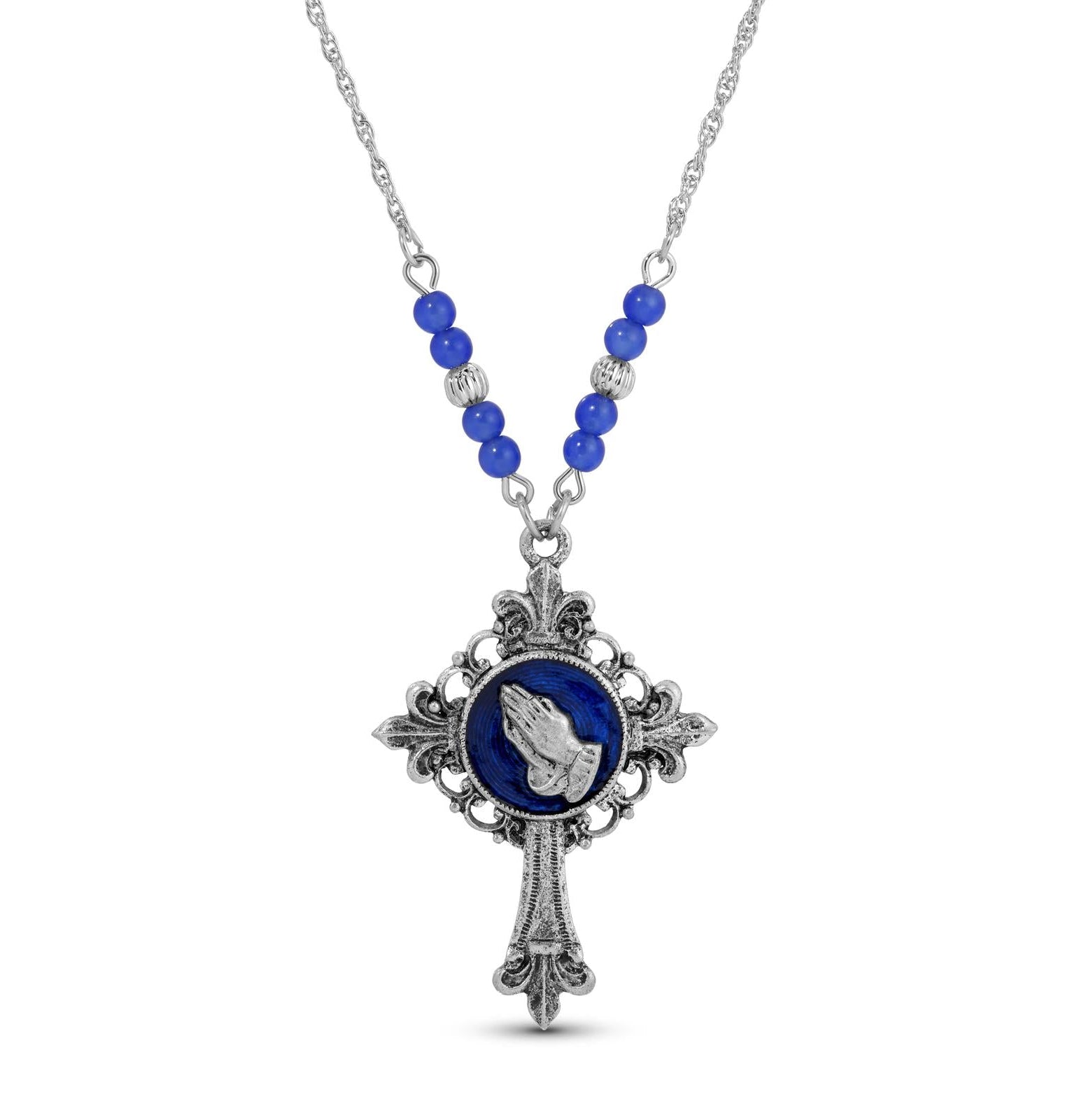 Symbols Of Faith Praying Hands Fleur De Lis Cross Pendant Necklace 18"