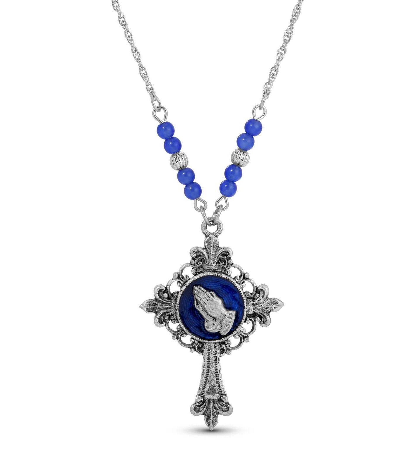 Symbols Of Faith Praying Hands Fleur De Lis Cross Pendant Necklace 18"
