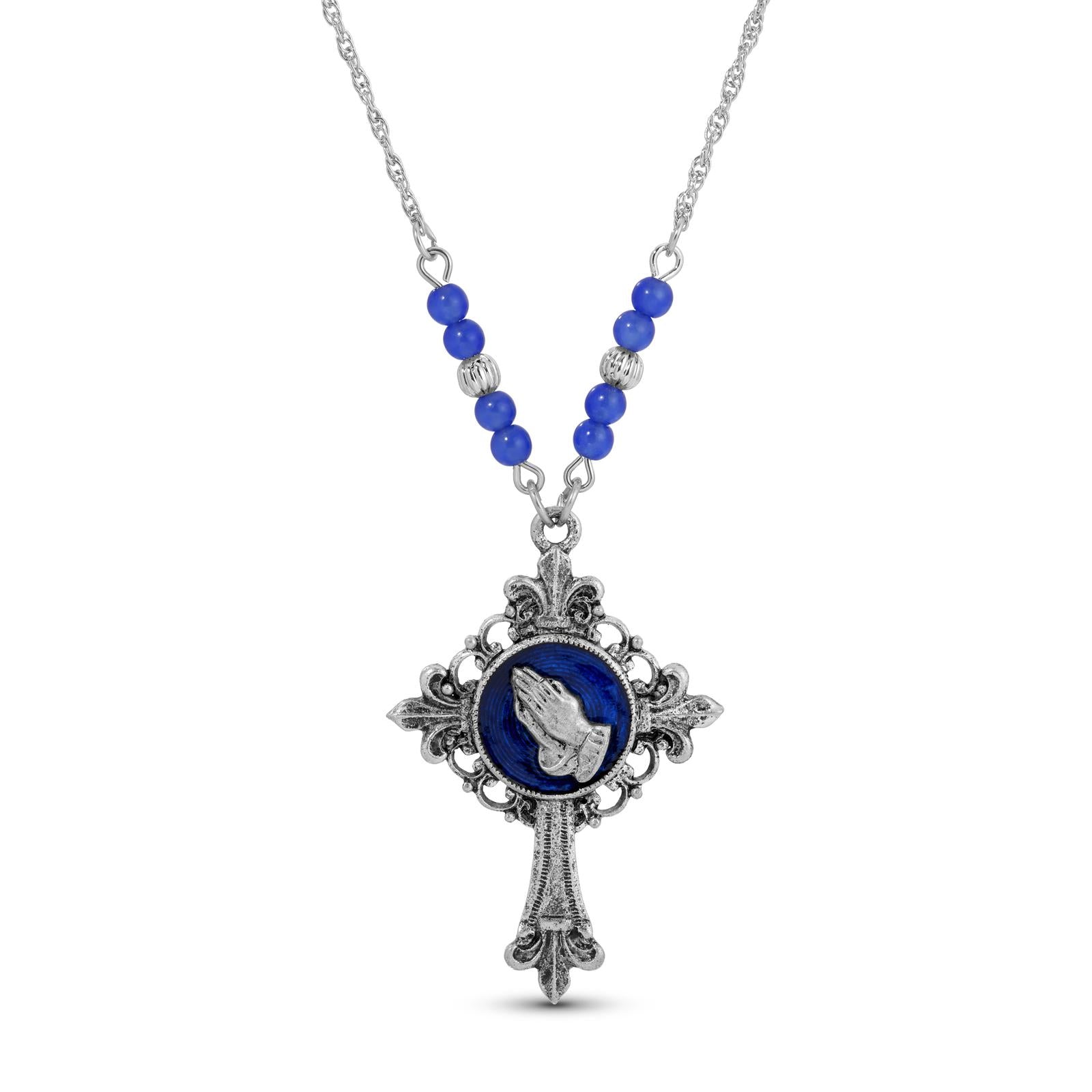 Symbols Of Faith Praying Hands Fleur De Lis Cross Pendant Necklace 18"
