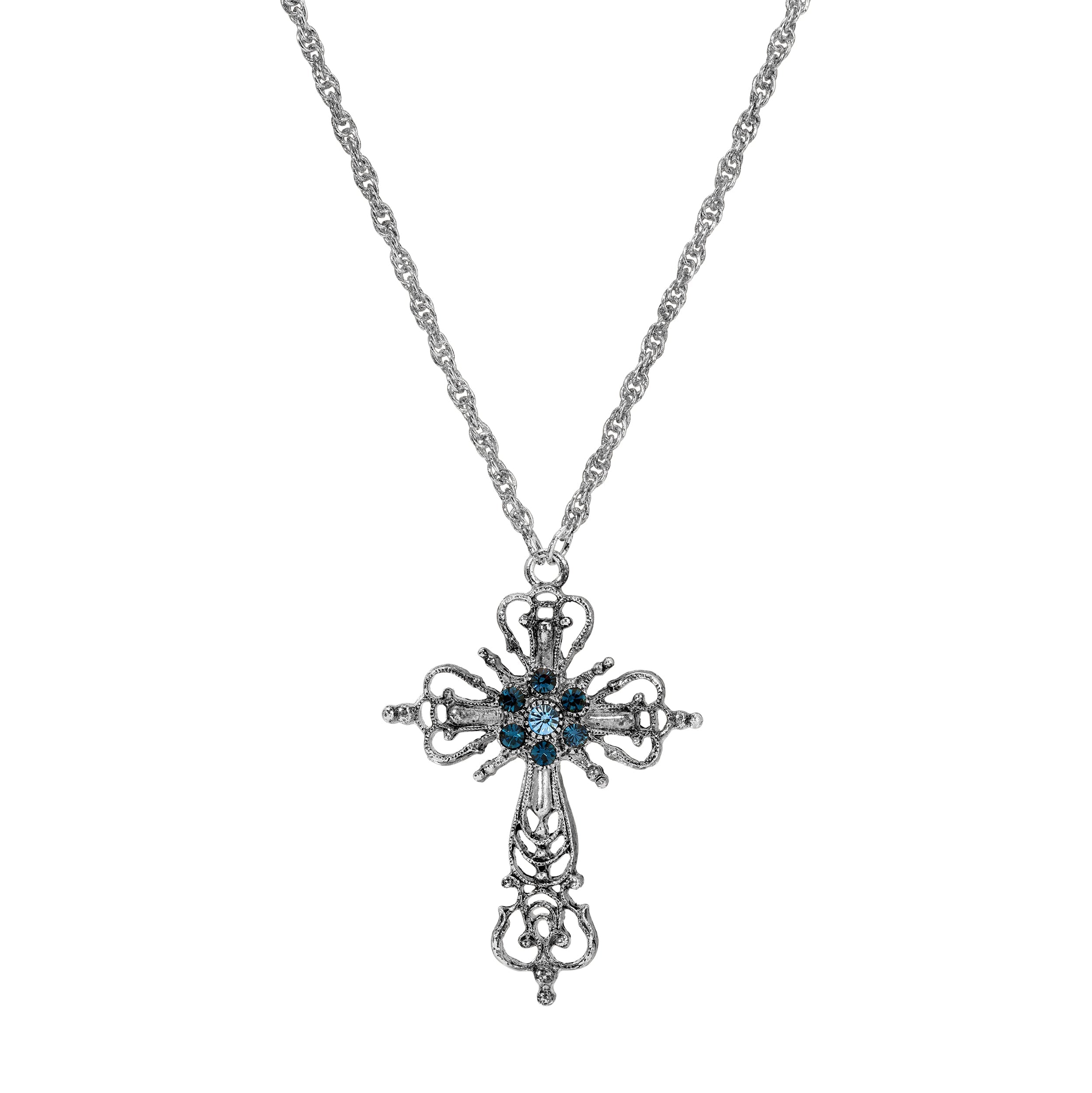Symbols Of Faith Sapphire Blue Crystal Filigree Cross Pendant Necklace 20"