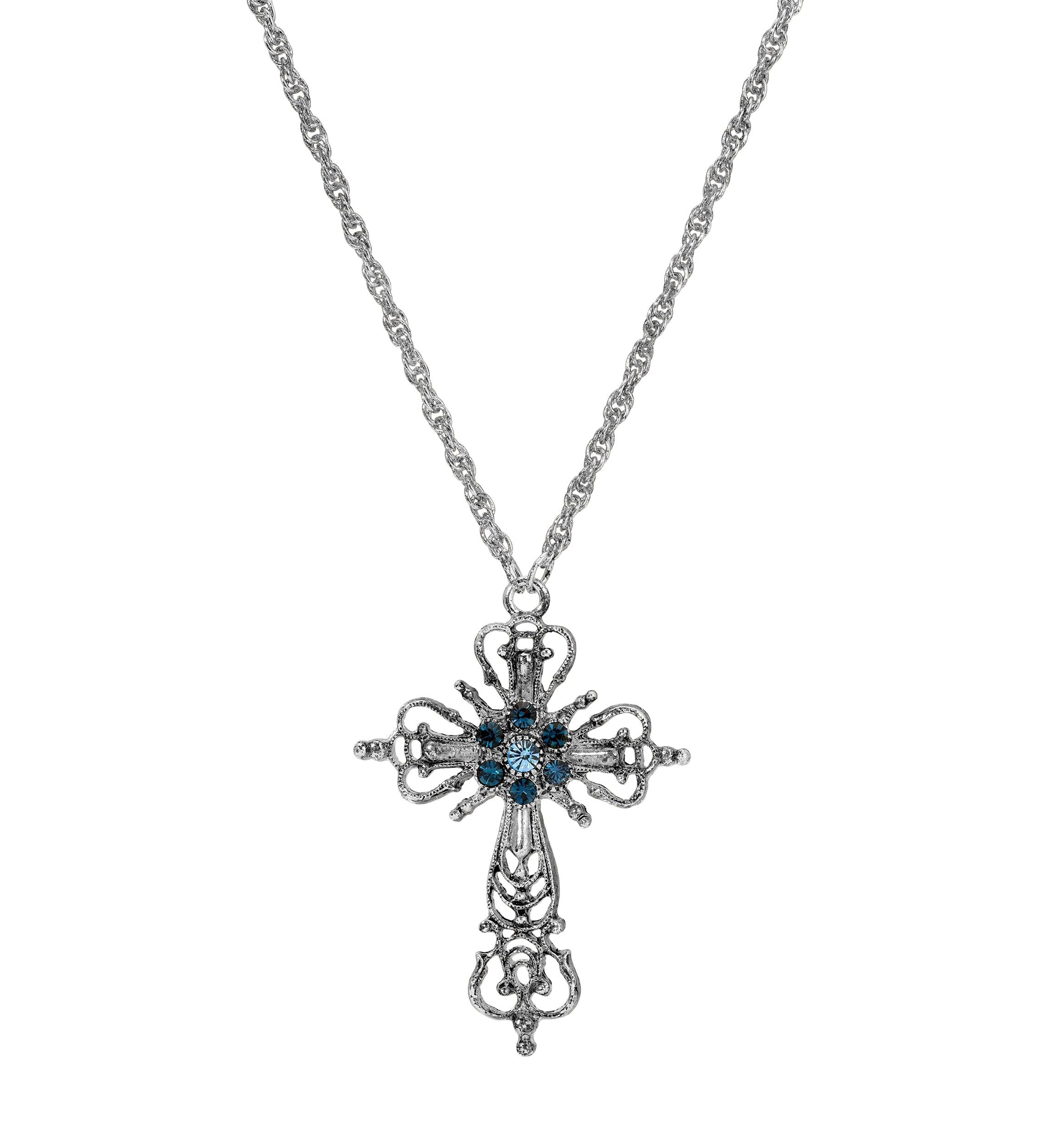 Symbols Of Faith Sapphire Blue Crystal Filigree Cross Pendant Necklace 20"