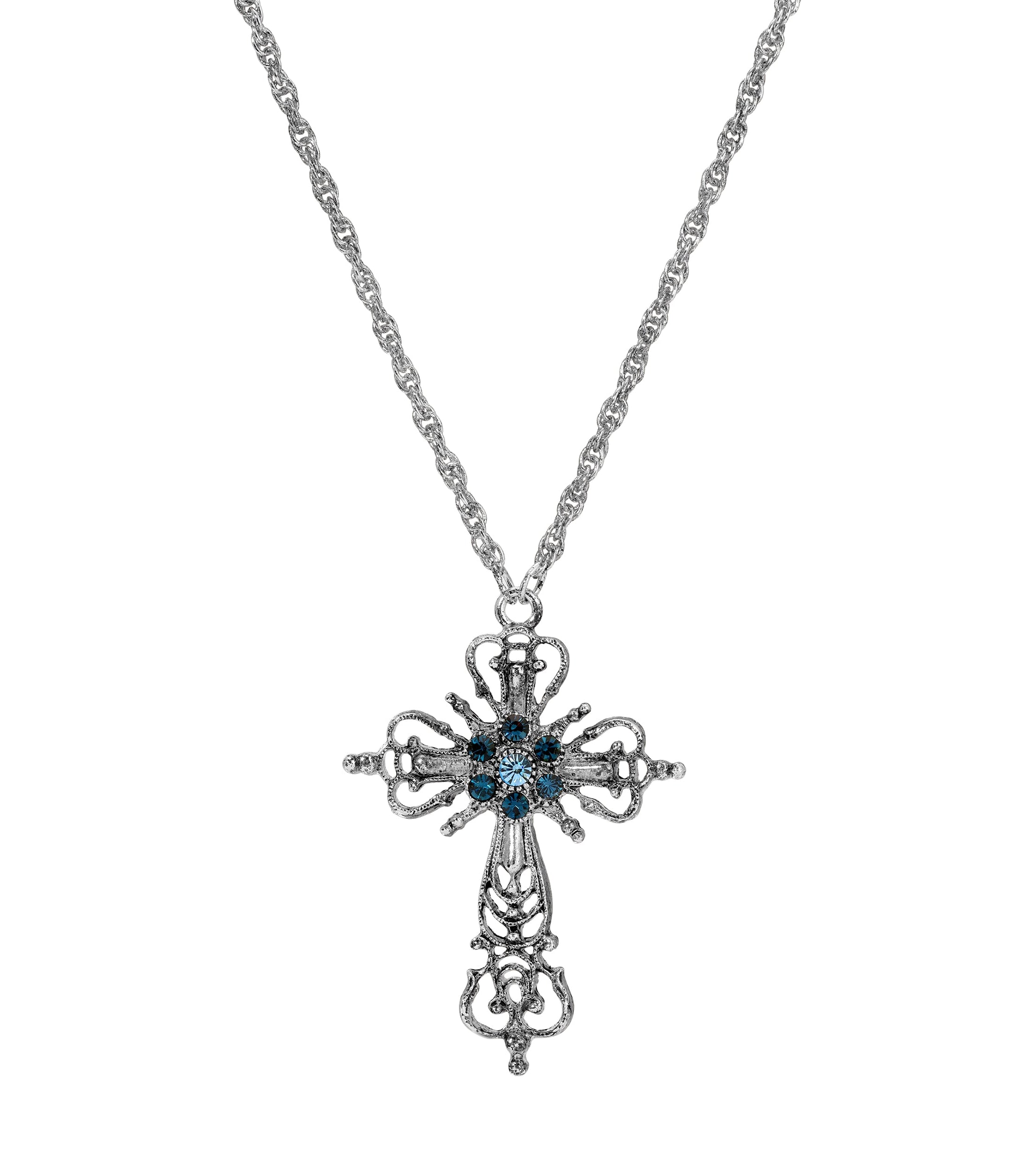 Symbols Of Faith Sapphire Blue Crystal Filigree Cross Pendant Necklace 20"