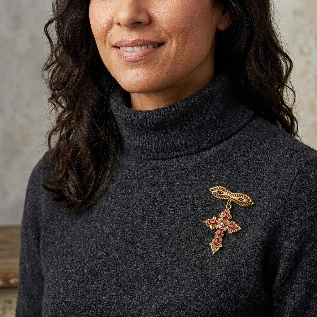 Woman wearing a dark gray turtleneck sweater with a decorative cross brooch.