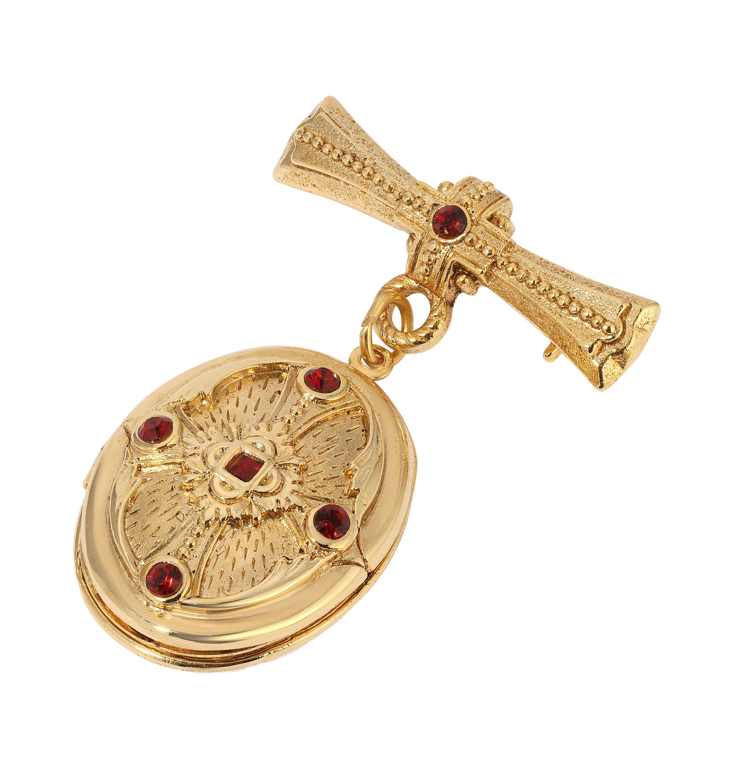 Symbols of Faith Sacred Keepsake Red Crystal Photo Locket Brooch Pin