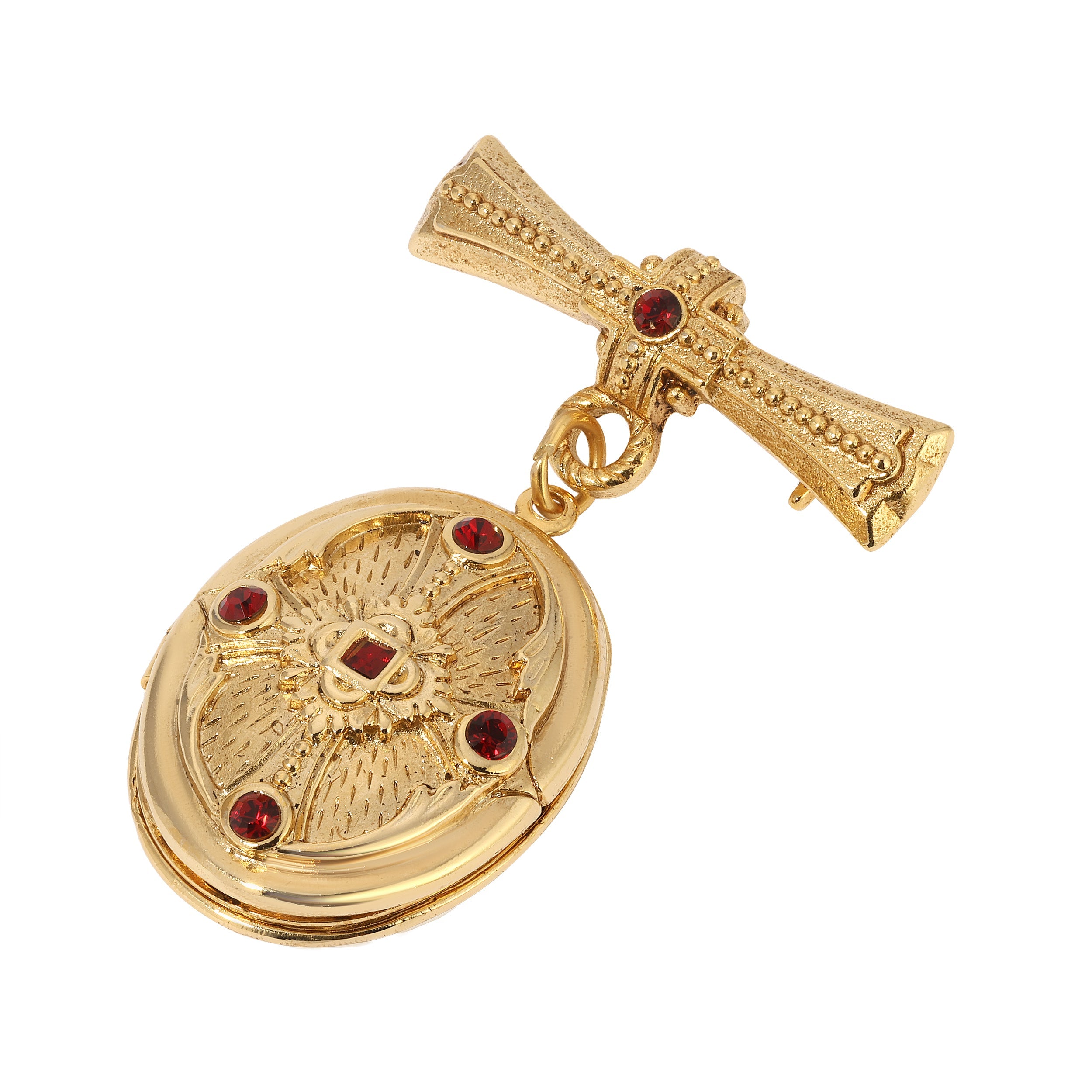 Symbols of Faith Sacred Keepsake Red Crystal Photo Locket Brooch Pin