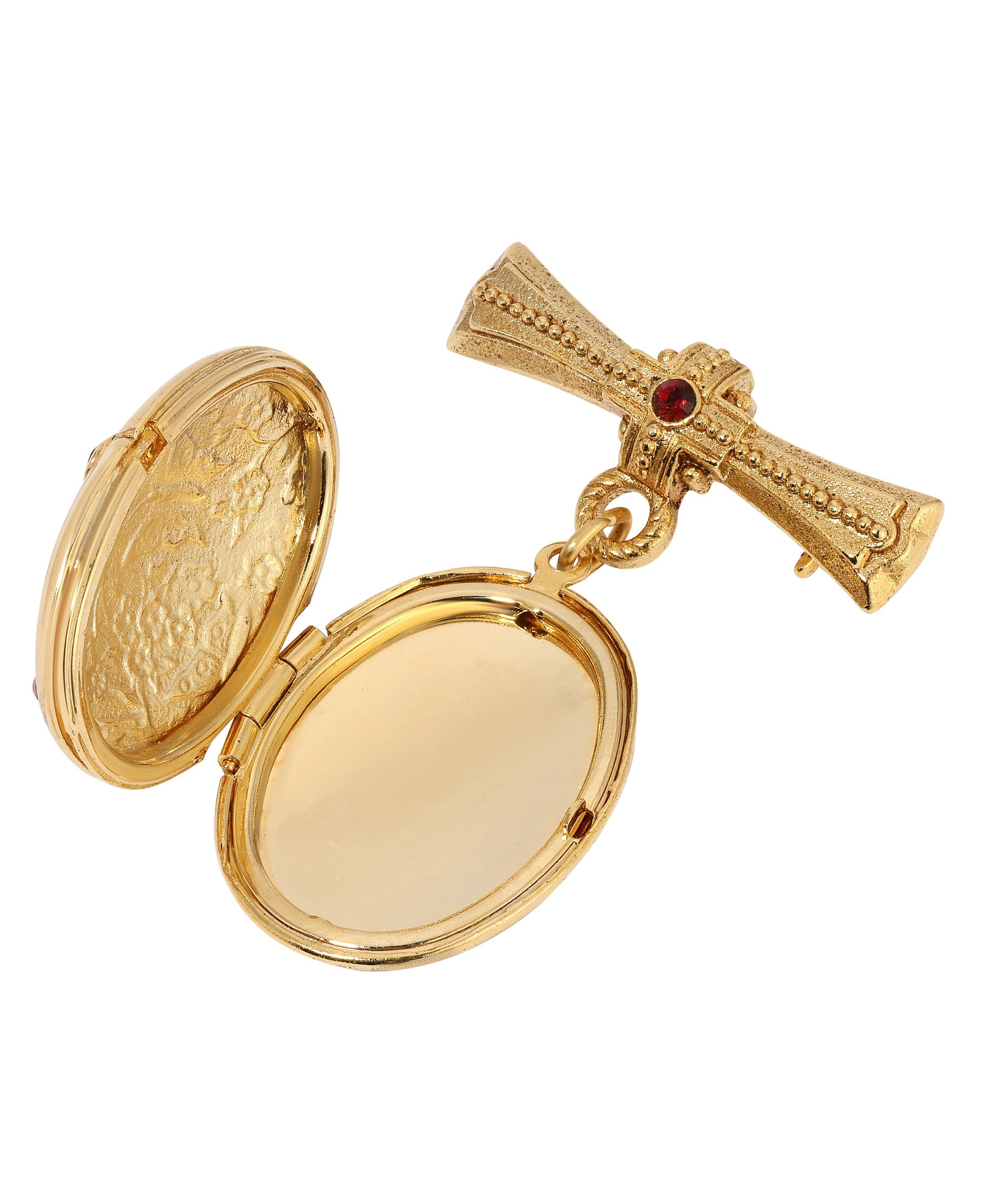 Symbols of Faith Sacred Keepsake Red Crystal Photo Locket Brooch Pin