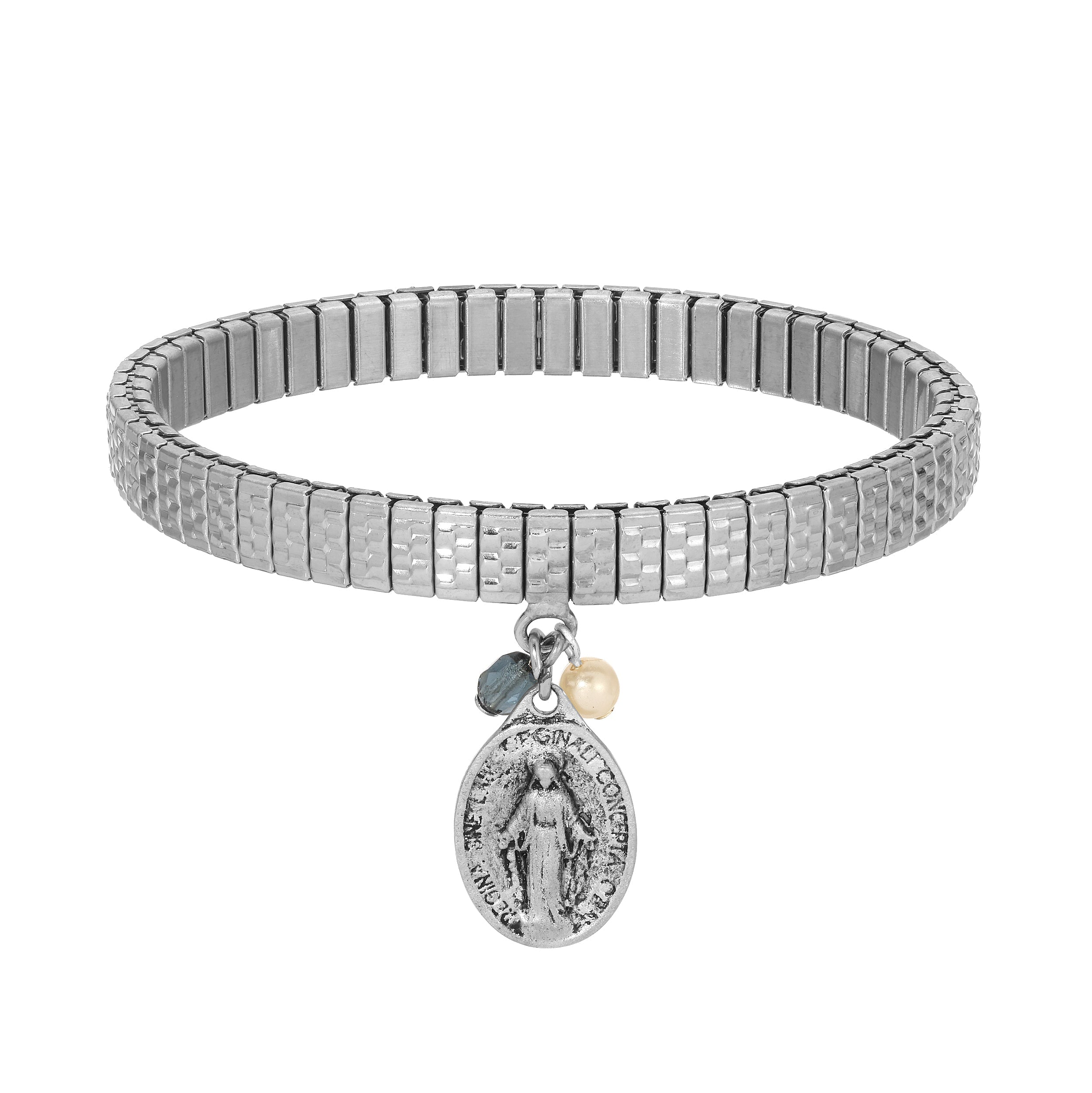 Symbols Of Faith Miraculous Medal Charm Faux Pearl Pearl & Crystal Stretch Bracelet