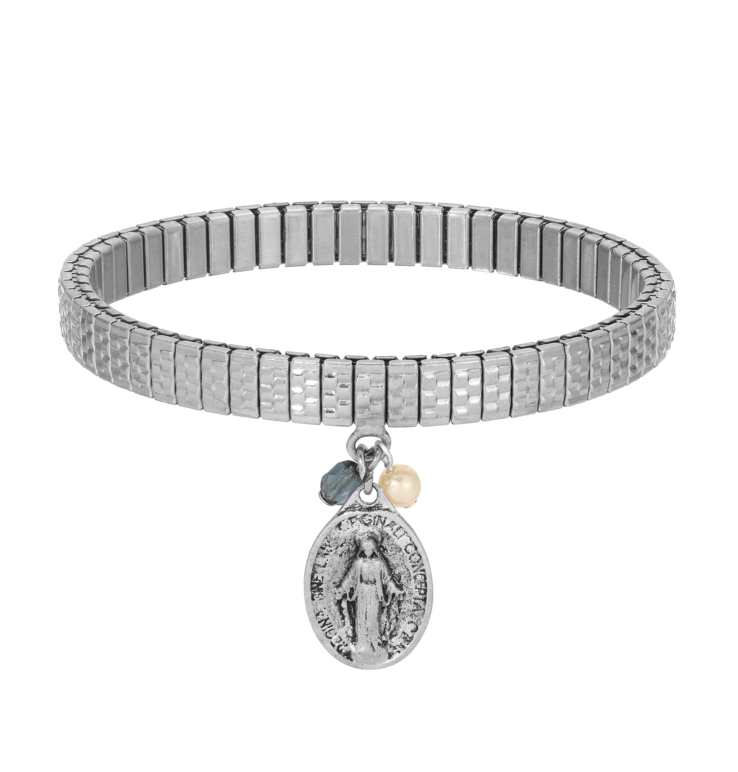 Symbols Of Faith Miraculous Medal Charm Faux Pearl Pearl & Crystal Stretch Bracelet