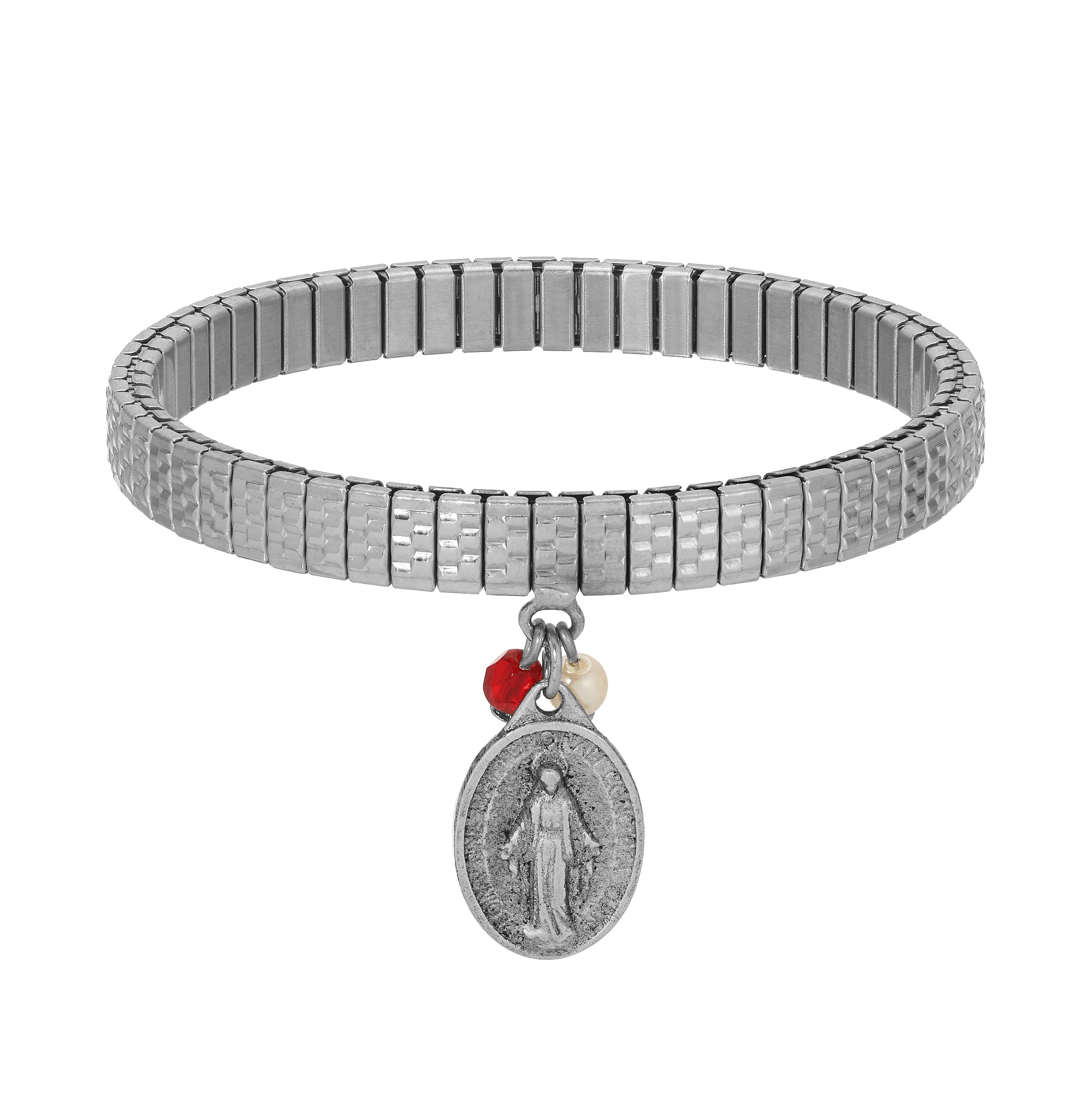 Symbols Of Faith Miraculous Medal Charm Faux Pearl Pearl & Crystal Stretch Bracelet