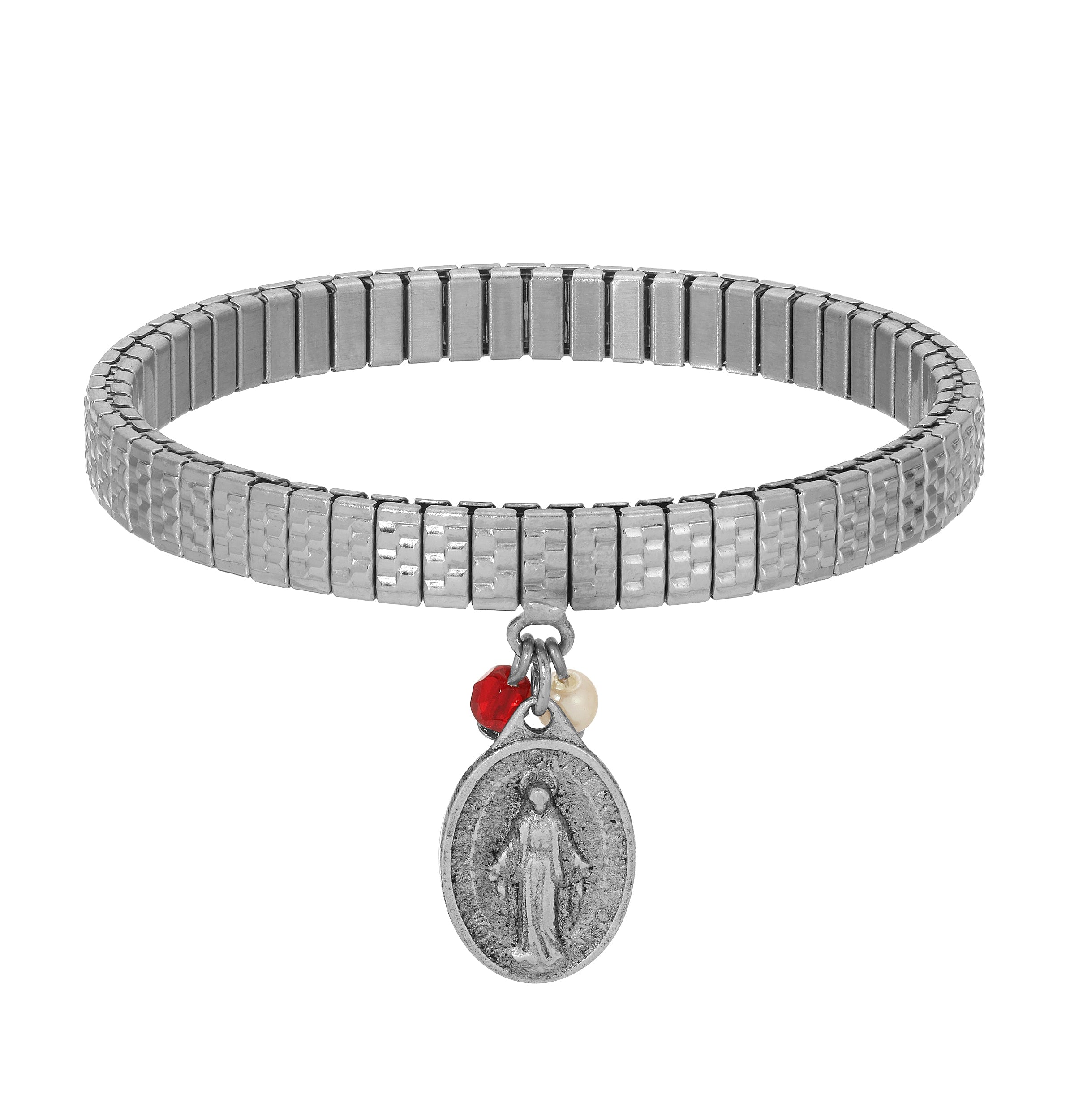 Symbols Of Faith Miraculous Medal Charm Faux Pearl Pearl & Crystal Stretch Bracelet