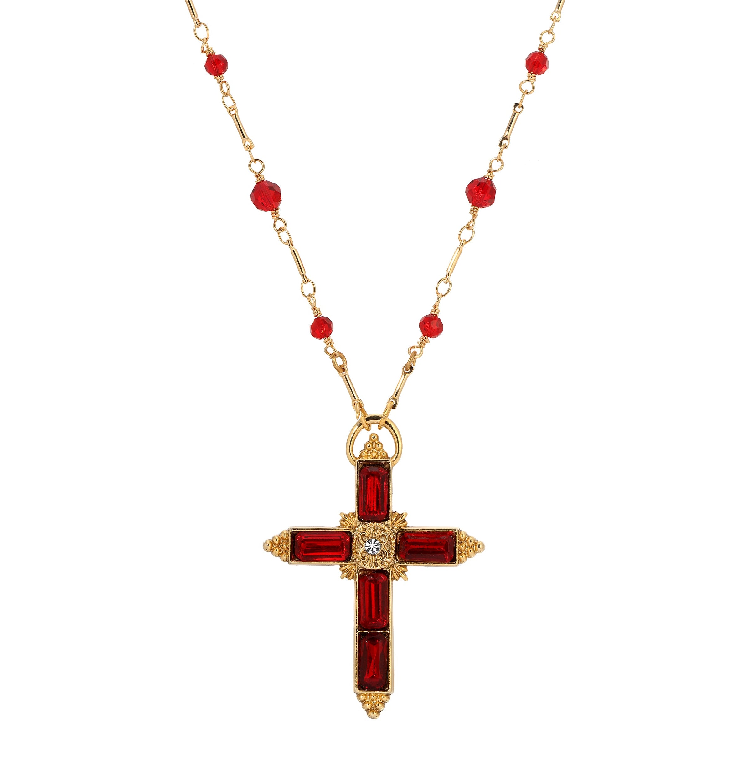 Symbols Of Faith Cross Crystal Pendant Beaded Chain Necklace 30"