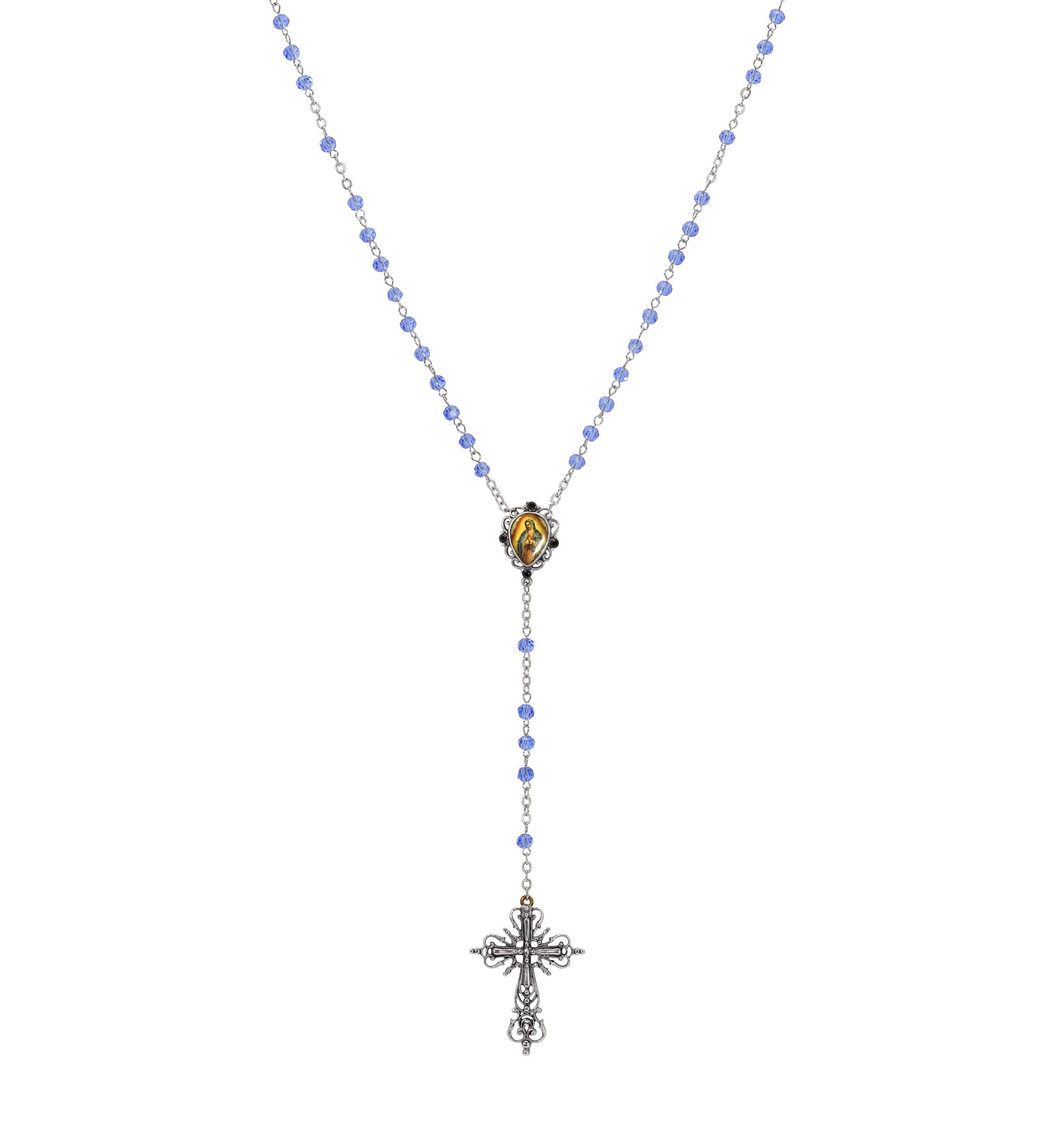 Symbols Of Faith Our Lady of Guadalupe & Cross Sapphire Blue Glass Beaded Rosary