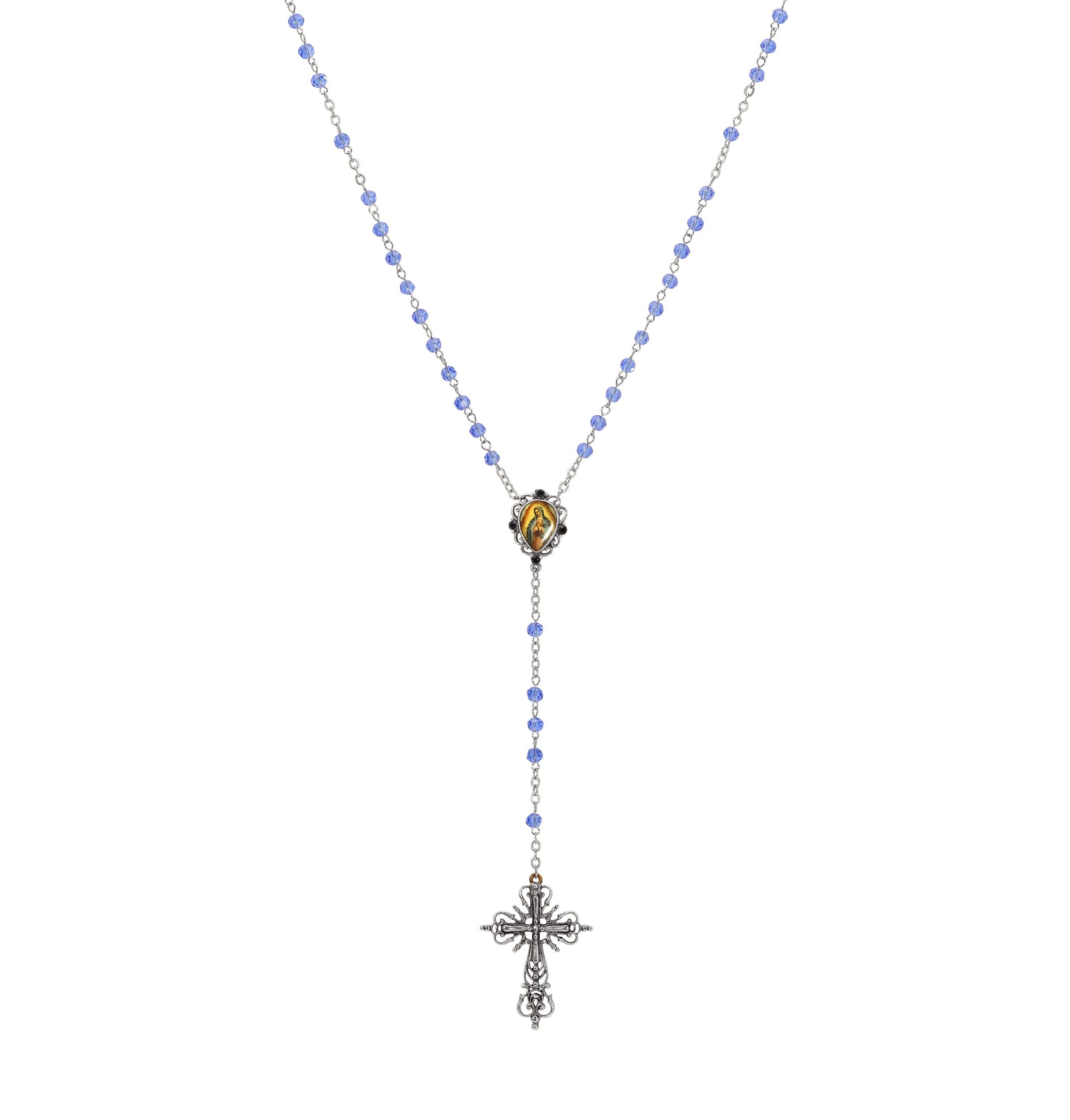 Symbols Of Faith Our Lady of Guadalupe & Cross Sapphire Blue Glass Beaded Rosary