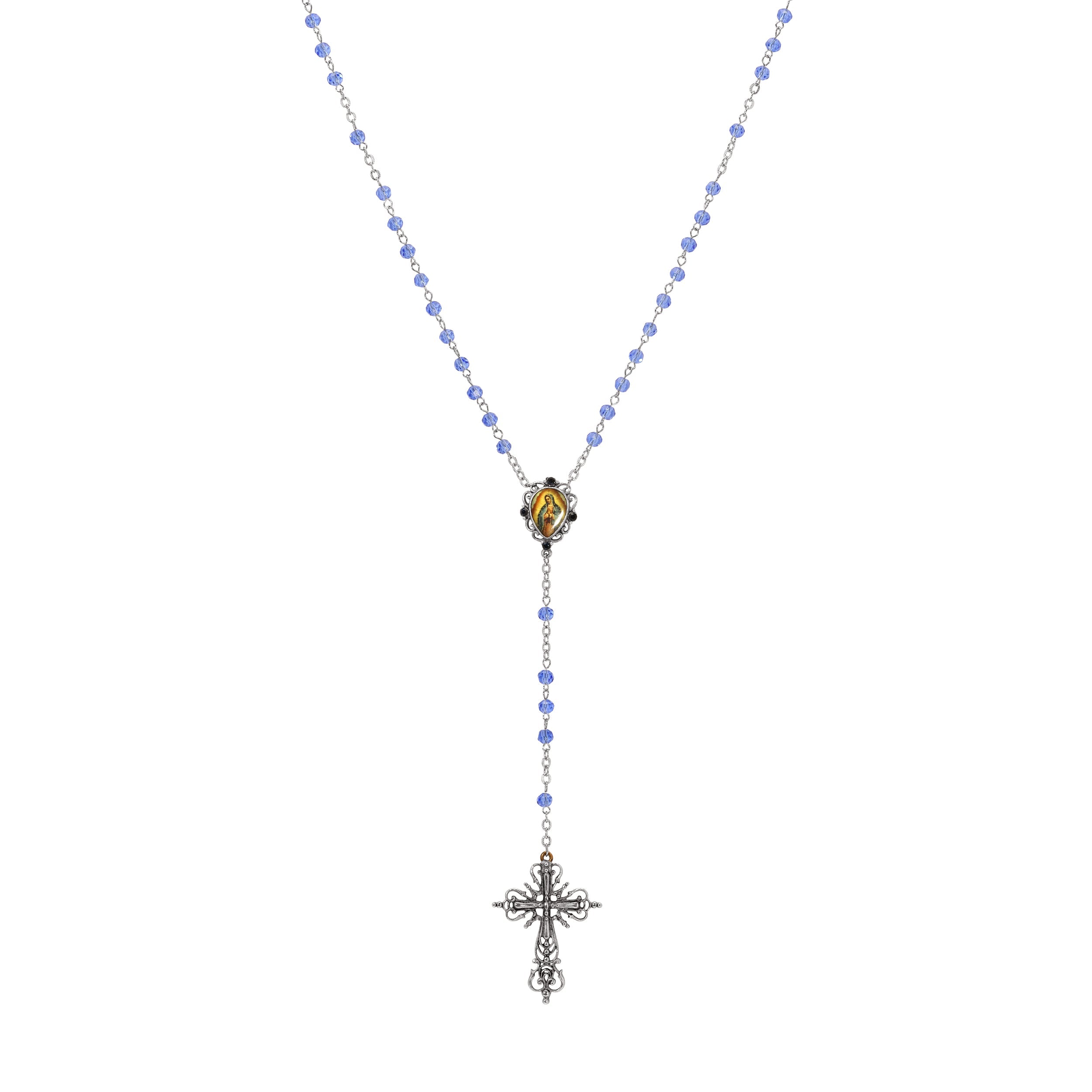 Symbols Of Faith Our Lady of Guadalupe & Cross Sapphire Blue Glass Beaded Rosary