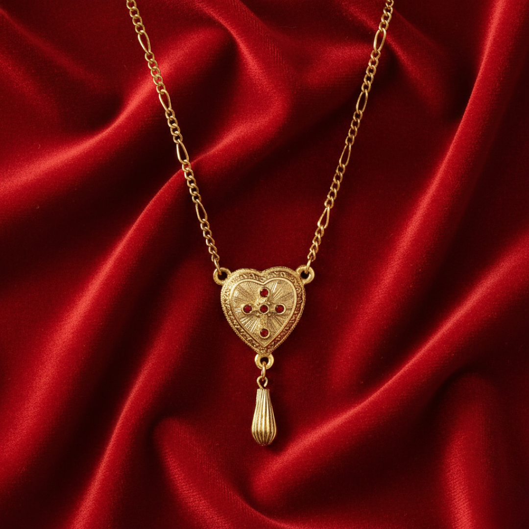 Gold necklace with a heart-shaped pendant on red satin fabric