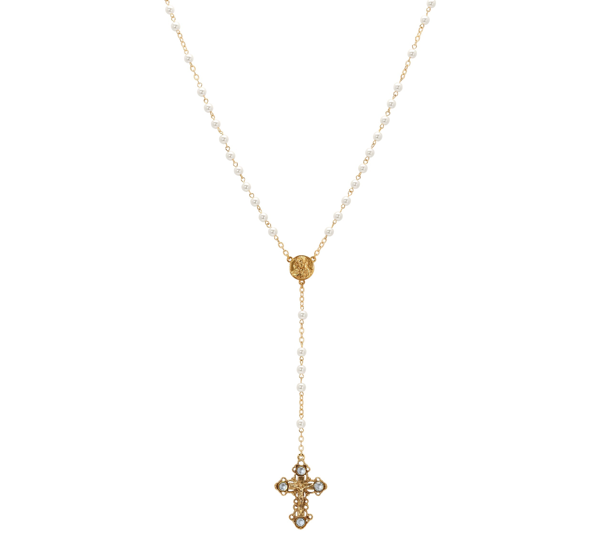 Symbols Of Faith Light Sapphire Channel Crystal Faux Pearl Chain Rosary