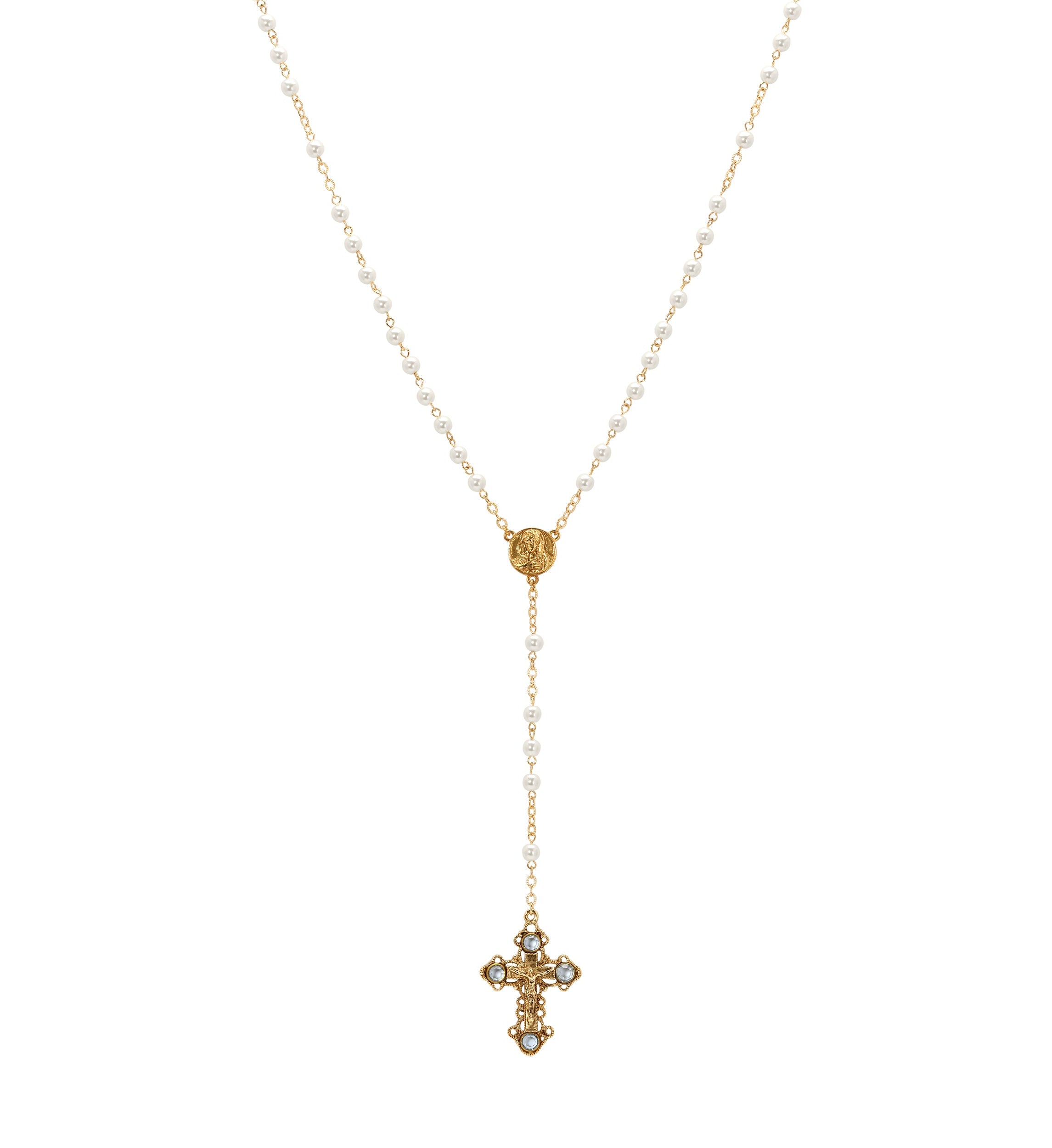 Symbols Of Faith Light Sapphire Channel Crystal Faux Pearl Chain Rosary