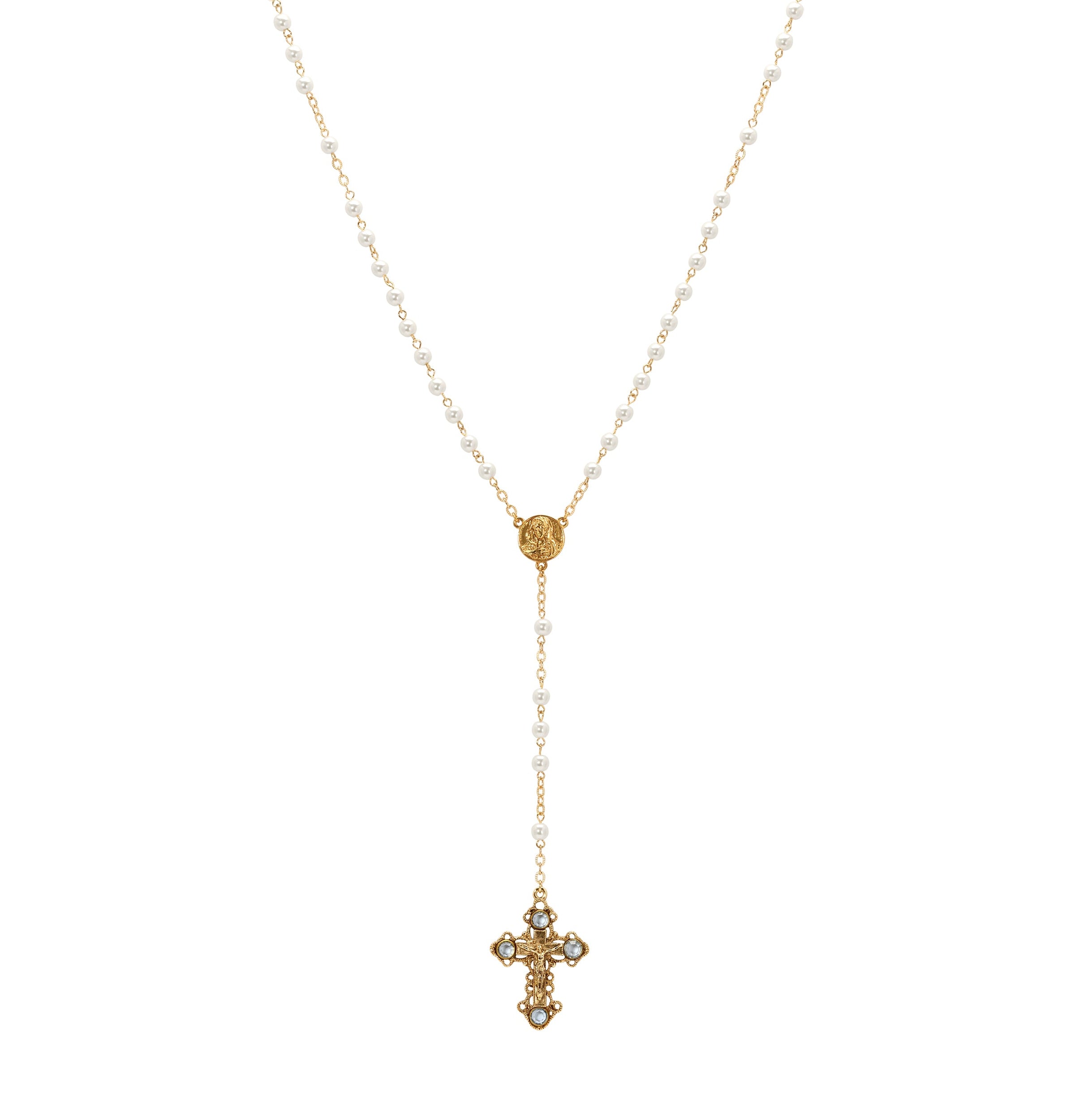 Symbols Of Faith Light Sapphire Channel Crystal Faux Pearl Chain Rosary