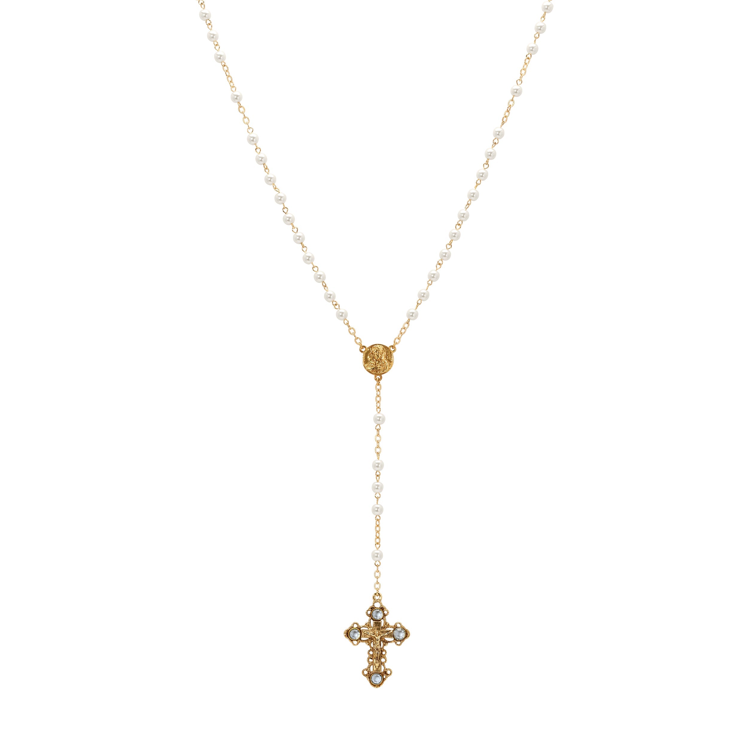 Symbols Of Faith Light Sapphire Channel Crystal Faux Pearl Chain Rosary