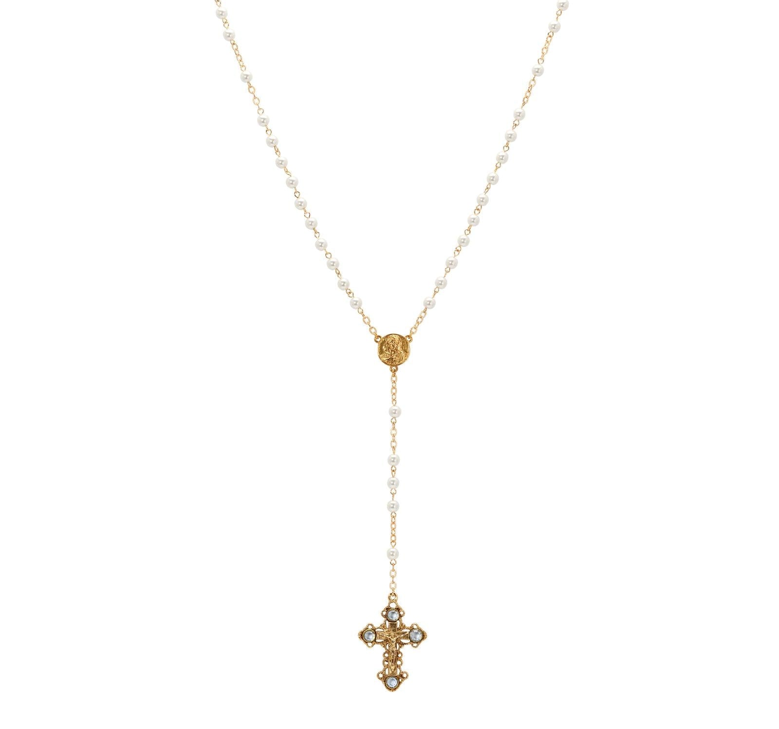 Symbols Of Faith Light Sapphire Channel Crystal Faux Pearl Chain Rosary